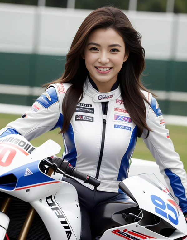 The highest image quality、Exceptional detail、超A high resolution、(realisitic:1.4)、high-detail、Favor the details、Highly condensed 1girl、Longhaire、delicate and beautiful face、Dressed in a white leather racing suit、Racing on a black motorcycle、The background is a race track、circuit、racer、Cool smile、Colossal tits