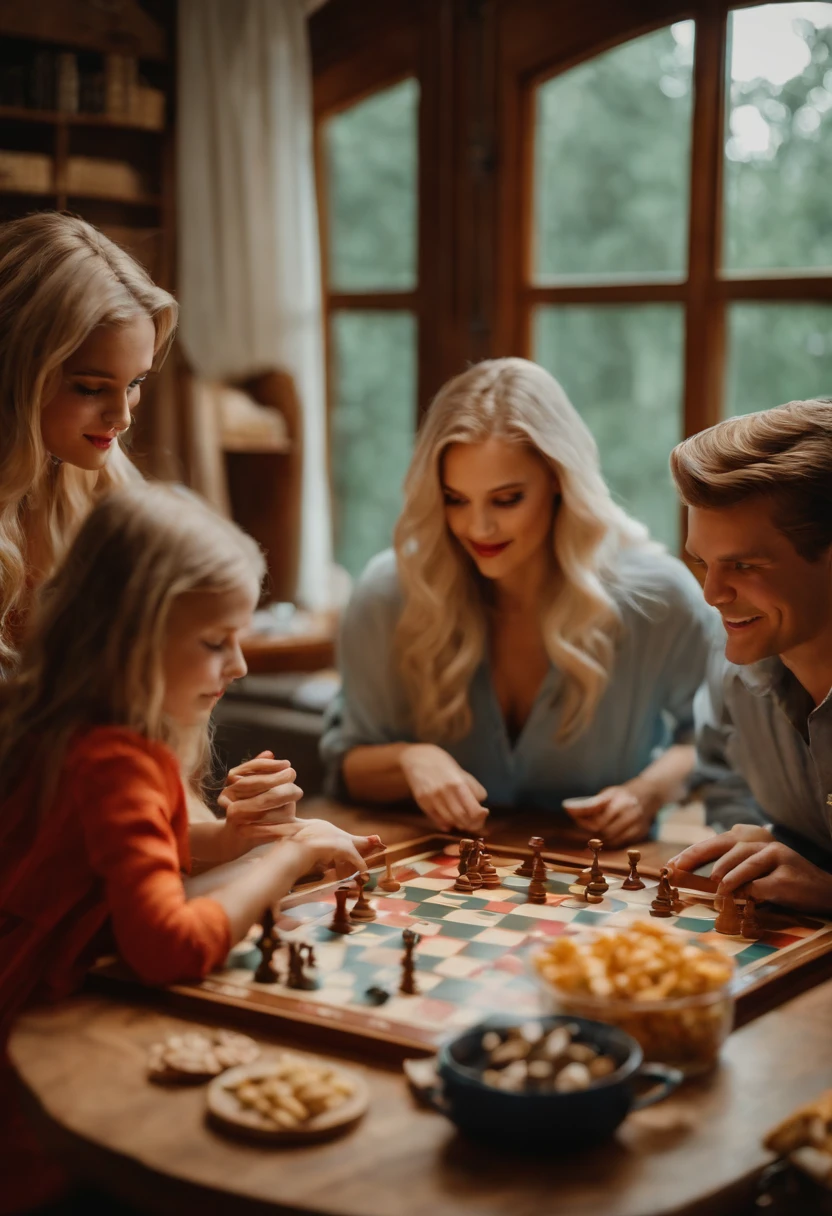 A photo of a family game night with classic board games and snacks on the table.,original,Long blonde hair, blue eyes, thin, a lot of makeup, tries to look younger than she is, likes beige clothes, modest clothes