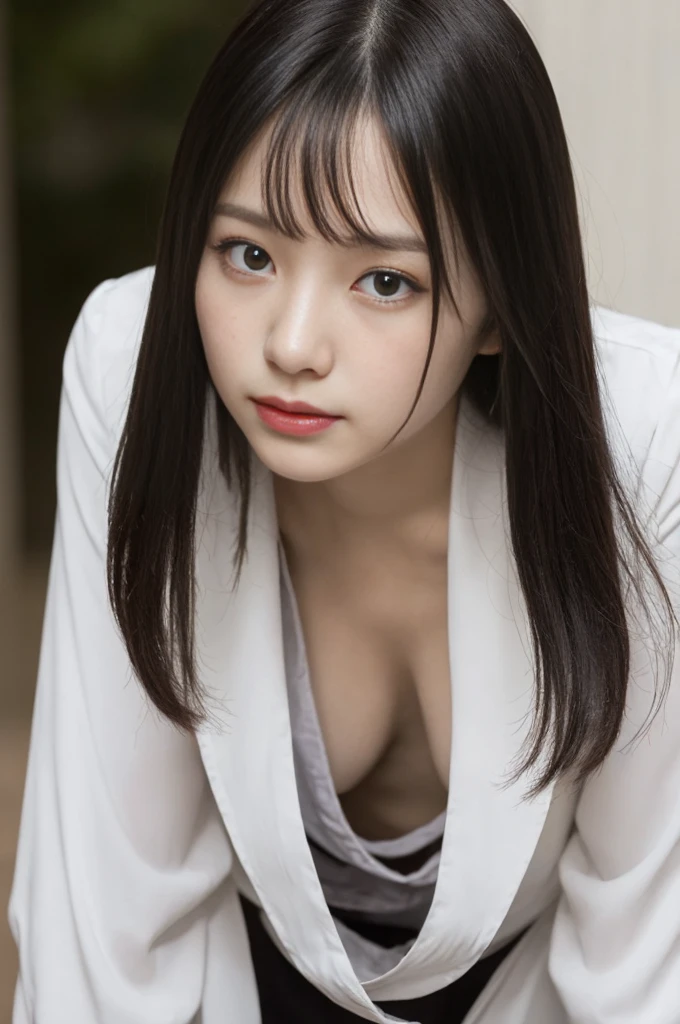 No bangs:1.10、straight flat chest:1.20, (leaning-forward:1.3)、(Loose blouse)、Suits/Black jacket、Wearing a suit、OL,bra very.10, Pink areola is visible:1.20,  A Cup:1.20, Erotic, (top-quality、8K、32K、​masterpiece)、japanes、23years old、Very pretty girl、a beauty girl、crouching down、Bright smile、outside of house、shinny skin、blurry backround、short-cut:1.10、Ear hooks:1.20, A dark-haired:1.10, Upper body close-up、Shot from above　Kiss Face,sad Facial expression,embarassed expression,Alafed Girl, chiho, iwakura lain, closeup Iwakura Lain, With short hair, Shiori Teshirogi, Kotegawa Yui, hime-cut, She is 23 years old, sui ishida with black hair, lain iwakura, girl cute-fine-face, Clear pubic contours,(Small breasts), hight resolution, ighly detailed, top-quality, [​masterpiece:1.6],, ighly detailed, nffsw, finely detail, top-quality, , Cinematographic lighting, 1girl in、、Cute Japan Girls、perfect body type、, Cute droopy eyes、Beautiful big eyes、ultra-detailliert、hight resolution、Transcendent beauty　top-quality、​masterpiece、majicMIX Real、(Raw photography:1.2)、(Photorealsitic:1.4)、Inside the café