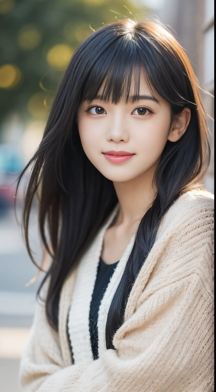 masutepiece, Best Quality, 8K, , Teen, Raw photo, Solo, japanes、Idol face, Delicate girl, Black Hair、Aligned bangs、Beautiful hairstyle、Upper body, Digital SLR, Sophisticated、Beige knitwear、Black jacket, smirking、Thin arms, Professional Lighting, chromatic abberation, (Eyes and faces with detailed:1.0), (Bokeh:1.1)