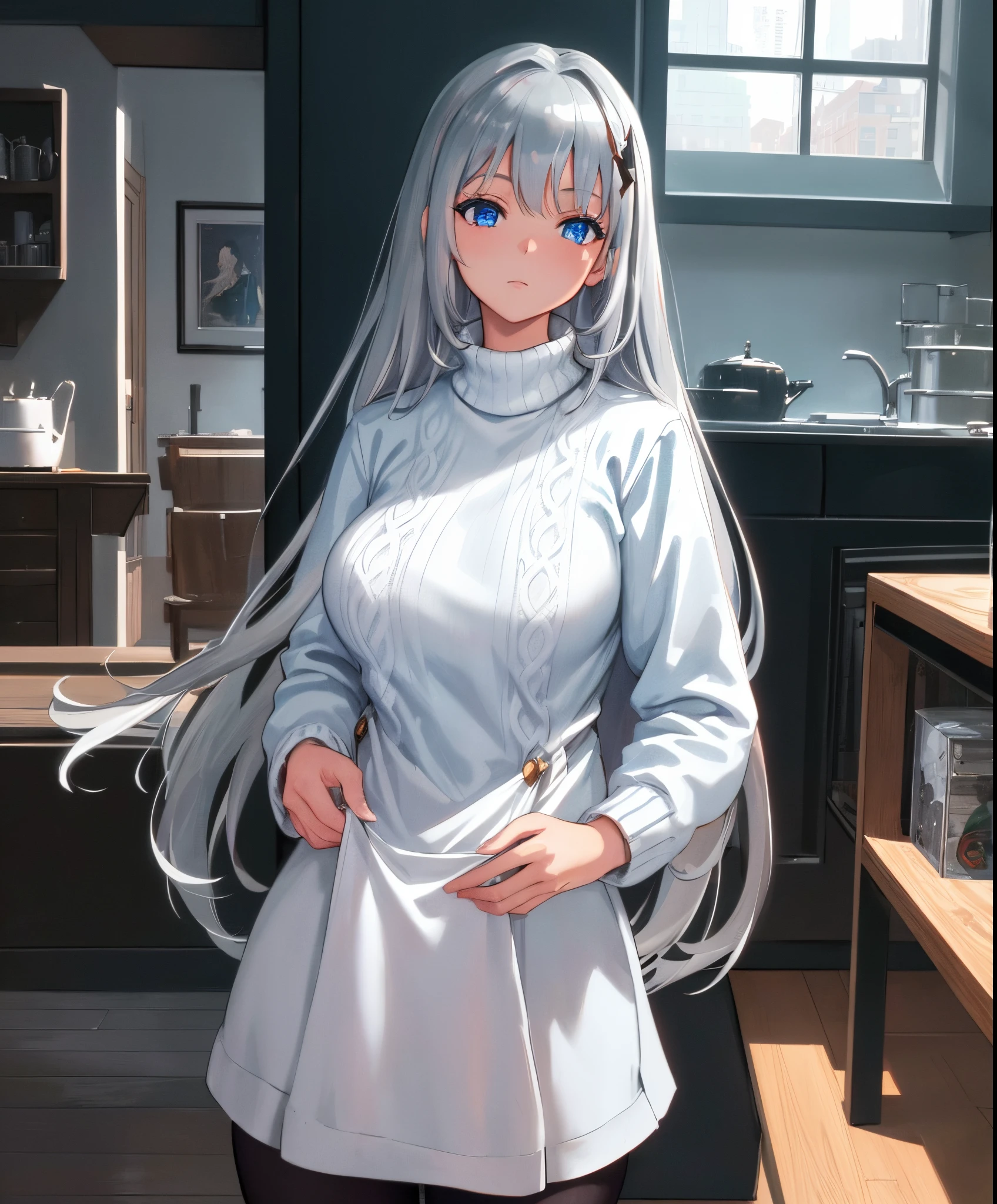 (extremely detailed CG unity 8k wallpaper), (((masterpiece))), (((best quality))), ((ultra-detailed)), (((illustration))), (best shadow), ((an extremely delicate and beautiful)), (detailed light), (well designed face), amazing face, (super detailed), cinematic shot, beautiful detailed eyes, detailed background, 1girl, long hair, very long hair, (((silver hair))), hair ornament, ((blue eyes)), grey skin, alluring face, glowing eyes, aran sweater, black legwear, bewitching thighs, huge breasts, first rate female bodies, interior design, open plan, kitchen and living room, modular furniture with cotton textiles, wooden floor, high ceiling, large steel windows viewing a city, futuristic interior,