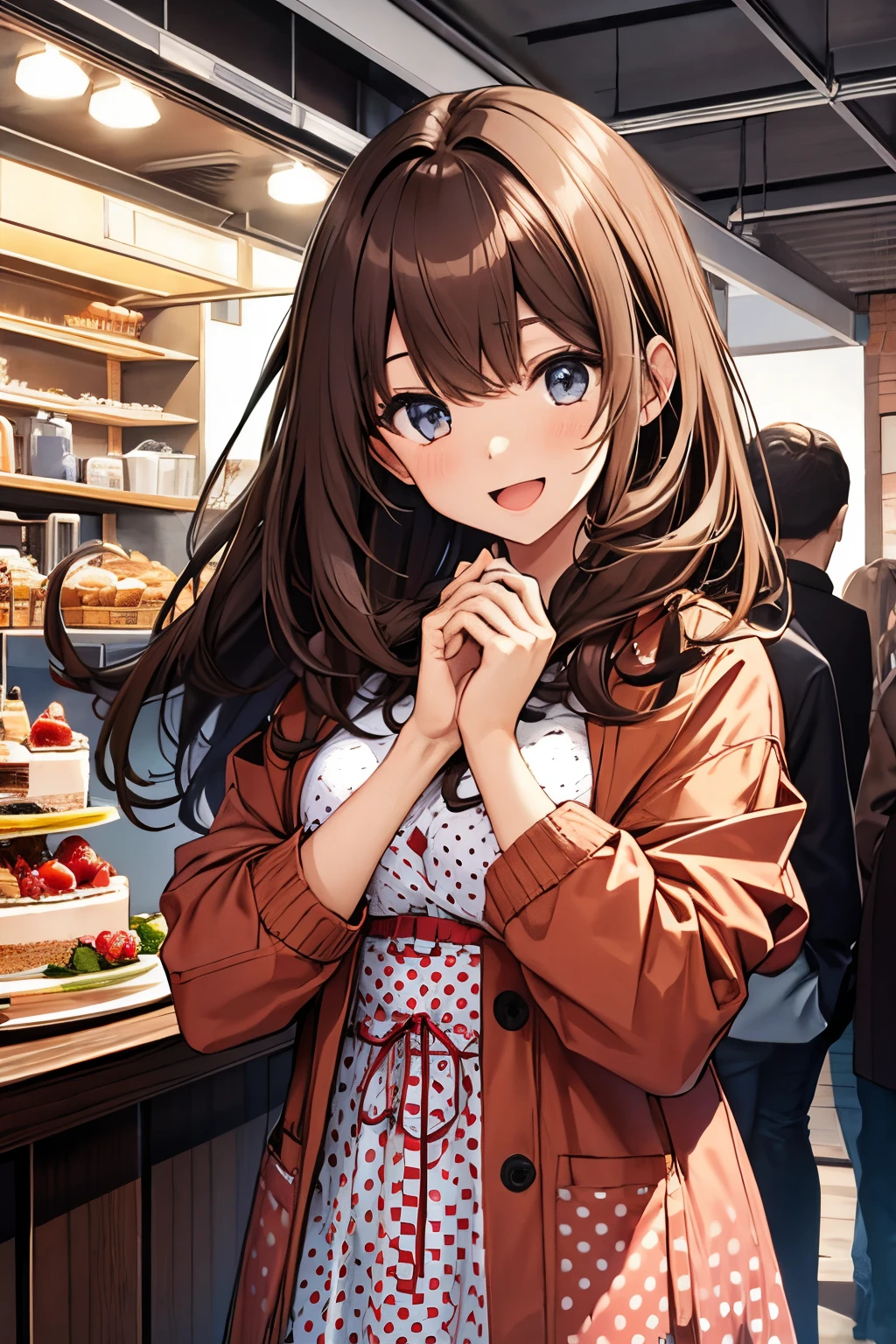 Holding a whole cake with "100" written on it with both hands, (masterpiece), (best quality), high resolution, ultra detail, photorealistic, 8K, intricate face, detailed body, detailed face, cute, 
BREAK 
1girl, , cute girl, middle , narrow waist, athletic bodies, long hair, brown hair
BREAK 
red and white polka dot dress under brown fur short coat, home party, smile, open mouth