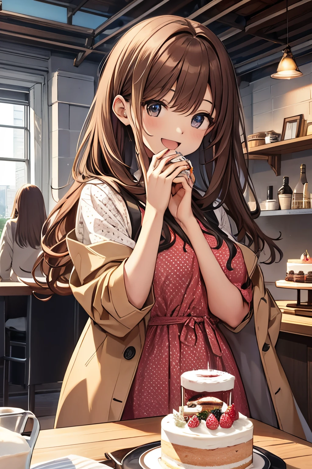 (Holding a whole cake with "100" written on it with both hands:1.3), (masterpiece), (best quality), high resolution, ultra detail, photorealistic, 8K, intricate face, detailed body, detailed face, cute, 
BREAK 
1girl, , cute girl, middle breasts, narrow waist, athletic bodies, long hair, brown hair
BREAK 
red and white polka dot dress under brown fur short coat, home party, smile, open mouth