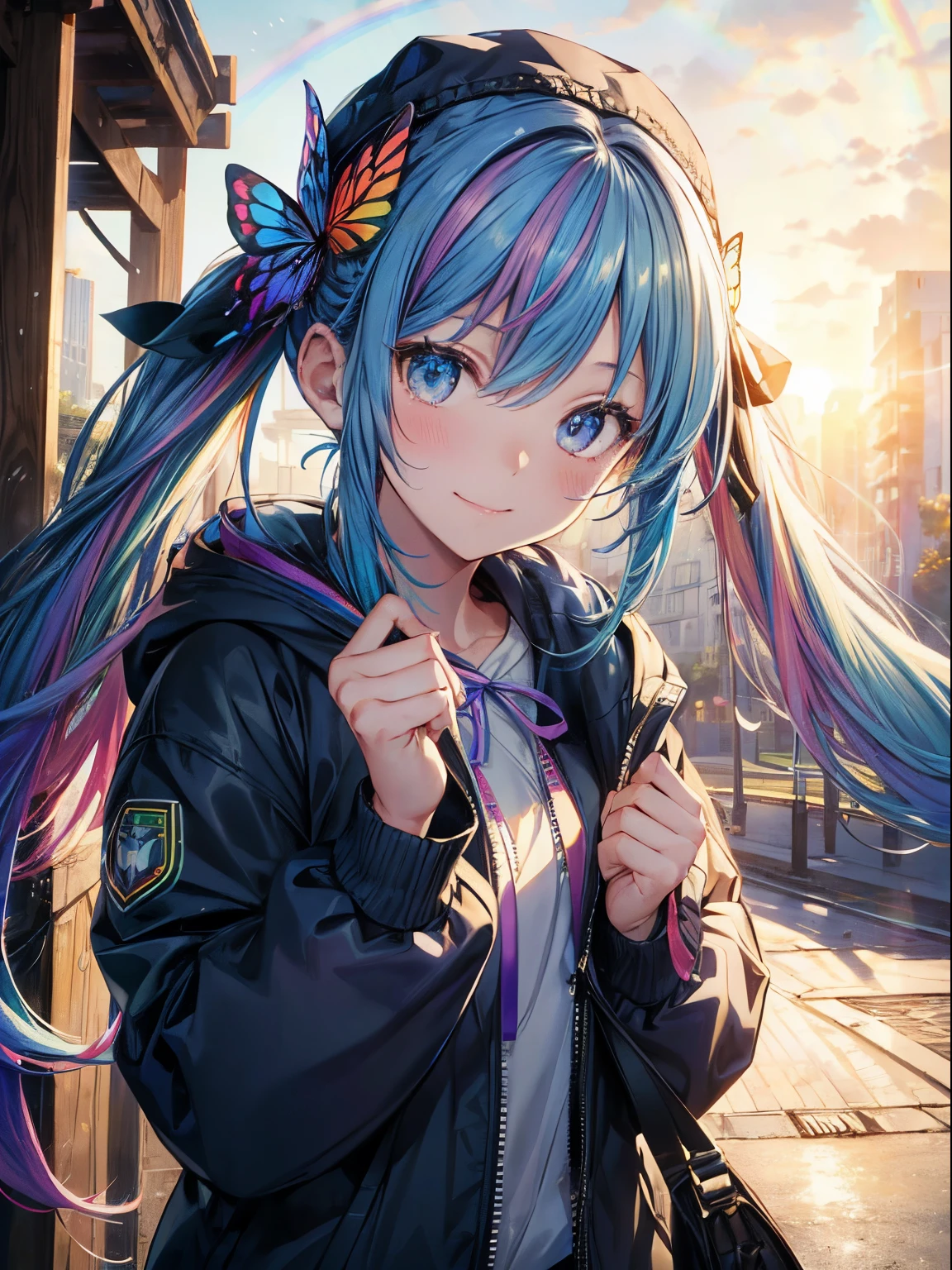 hair is hidden by the hood、put a hood on one's head、Butterfly Fairy、Metamorphosis、Bouquet of blue roses(The gesture of presenting a bouquet、Holding a bouquet of flowers in your hands)、Morning park、adventurer、adventure、daggers、(masutepiece:1.3), (8K, Photorealistic, Raw photo, Best Quality: 1.4), Beautiful face, (Realistic face), Beautiful detailed eyes, (Realistic skin), Attractive, Intricate details,Golden ratio, 1 girl,Naughty smile, hair is under the hoodie、(rainbow hair:1.4),((Long twintails,Ribbon 1.4)),Blue athletic wear,(Blue Butterfly Hair Ornament 1.3),parka,Dynamic Pose,Dynamic Angle,Intricate details, Hyper realistic、A smile、Smiling、Face enhancement、marason、Autumn Park、the morning sun、Luz Divina、Deities、Heaven、rainbows