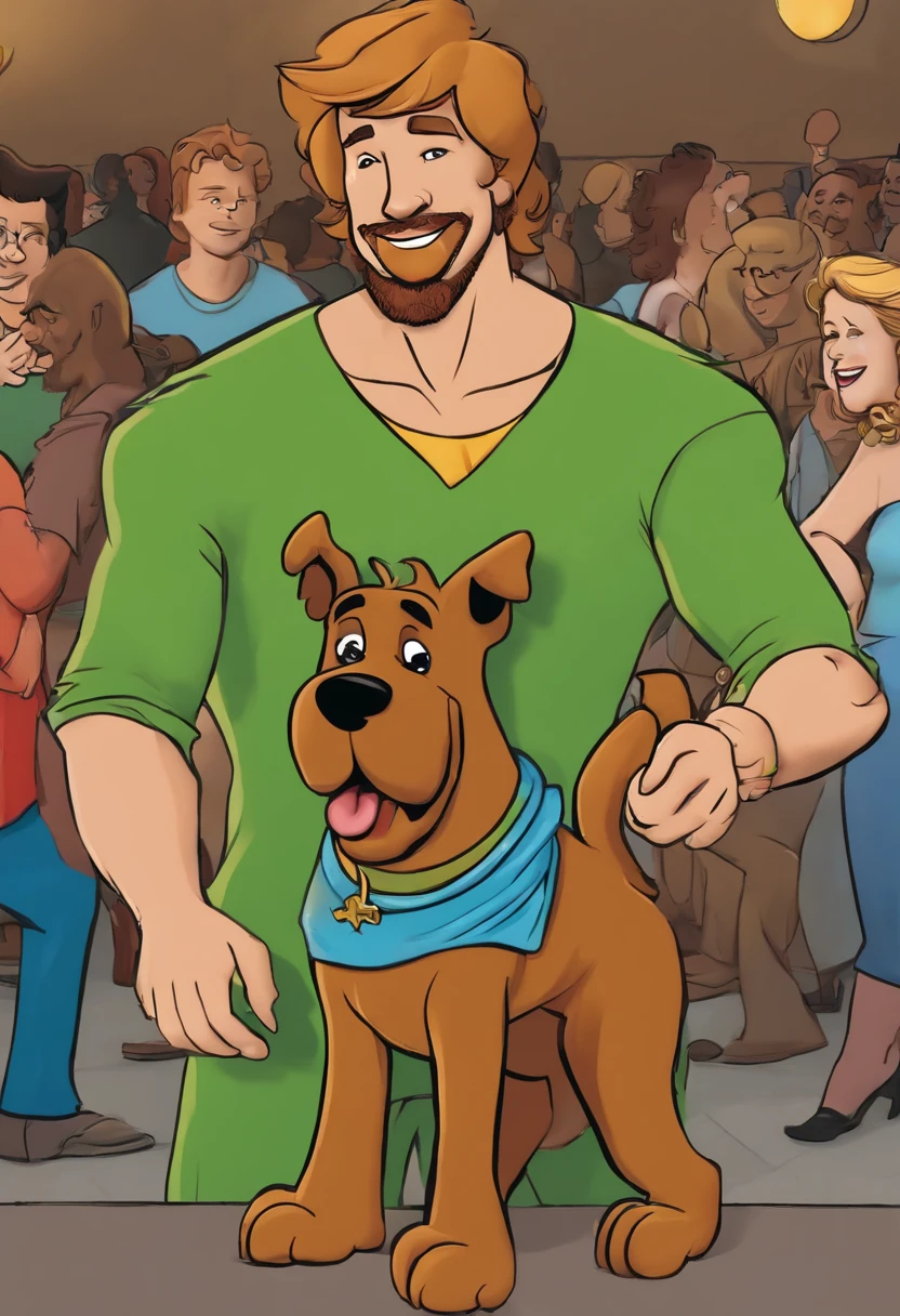 A photo of Shaggy and Scooby-Doo at a vegetarian food festival,Scooby-Doo, Where Are You!,He is a young man with a rough, patchy goatee. His signature attire consists of a baggy green V-neck T-shirt, loose maroon or brown bell-bottom pants, and black shoes.

He is tall and thin with dirty blonde hair. He is not muscular.