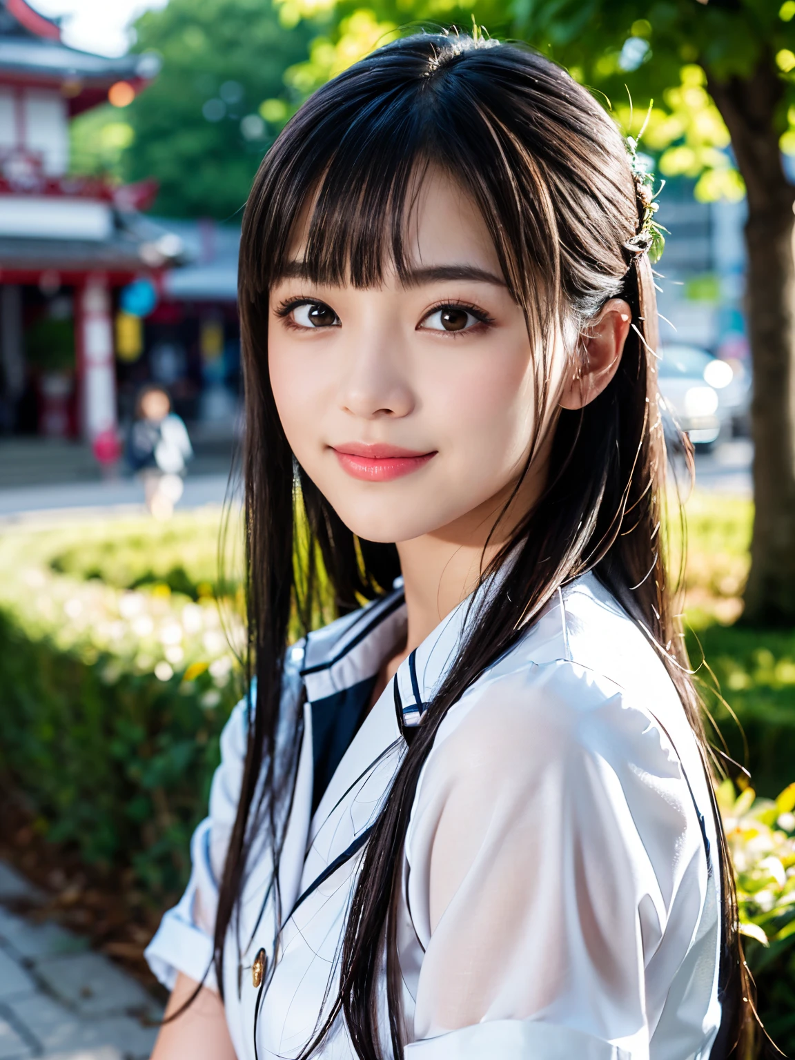 (8K, Raw photo, Best Quality, masutepiece:1.2), (Realistic, Photorealsitic:1.4), (Very detailed 8k wallpaper), Sharp Focus, depth of fields, blur backgroun, Bokeh, Cinematic lighting, Soft light, Upper body, (17 year old cute Japanese woman)、Cute Idol,(delicate nose)、Delicate girl、Black Long Hair、(realistic textured skin)、(Natural color lips)、(delicate bangs)、Beautiful hairstyle、(tthin eyebrows)、 (Girls' Uniforms: 1.5), Smile
