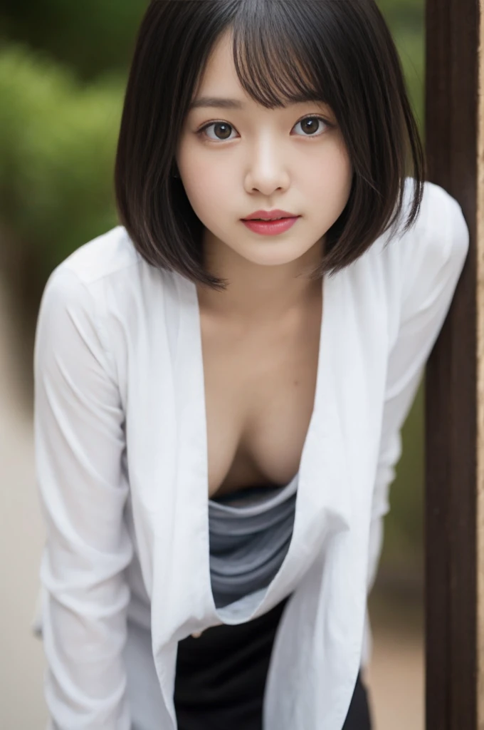 No bangs:1.10、straight flat chest:1.20, (leaning-forward:1.3)、(Loose blouse)、A woman who is in charge of public relations for a company called Kakeru.、hair is black、wearing formal clothes,bra very.10, Pink areola is visible:1.20,  A Cup:1.20, Erotic, (top-quality、8K、32K、​masterpiece)、japanes、23years old、Very pretty girl、a beauty girl、crouching down、Bright smile、outside of house、shinny skin、blurry backround、short-cut:1.10、Ear hooks:1.20, A dark-haired:1.10, Upper body close-up、Shot from above　Kiss Face,sad Facial expression,embarassed expression,Alafed Girl, chiho, iwakura lain, closeup Iwakura Lain, With short hair, Shiori Teshirogi, Kotegawa Yui, hime-cut, She is 23 years old, sui ishida with black hair, lain iwakura, girl cute-fine-face, Clear pubic contours,(Small breasts), hight resolution, ighly detailed, top-quality, [​masterpiece:1.6],, ighly detailed, nffsw, finely detail, top-quality, , Cinematographic lighting, 1girl in、、Cute Japan Girls、perfect body type、, Cute droopy eyes、Beautiful big eyes、ultra-detailliert、hight resolution、Transcendent beauty　top-quality、​masterpiece、majicMIX Real、(Raw photography:1.2)、(Photorealsitic:1.4)、Inside the café