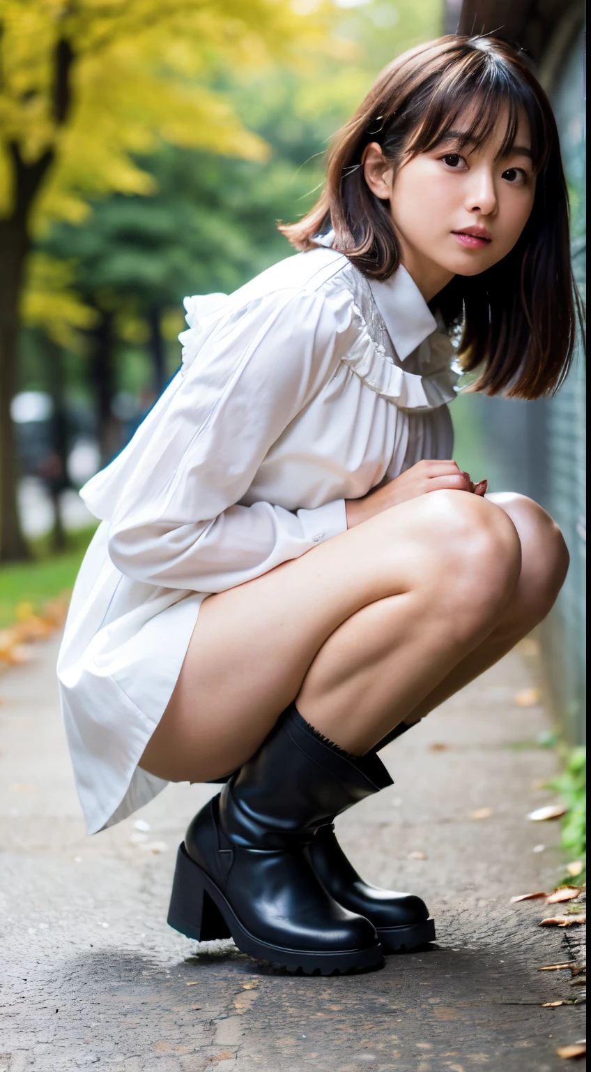 Best-quality, Masterpiece, Ultra-High-Resolution, (Photorealistic:1.4), Raw-Photo, Extremely-Details, Perfect-Anatomy, 1girl, **-*****-***, the most popular Japanese idol, walking on autumn street, cowboy-shot, very-low-angle-shot, upturned ass, (wearing knee-high-boots, pleated-miniskirt, white blouse with frills, short trench coat), extremely beautiful hip, extremely beautiful thighs, extremely beautiful legs, extremely beautiful body, extremely beautiful medium breasts, extremely cute face, extremely beautiful black solid circle eyes, extremely beautiful long eyelashes, extremely beautiful hair, detailed beautiful hip, detailed beautiful thighs, detailed pleated-miniskirt, detailed knee-high-boots, detailed beautiful legs, detailed beautiful body, detailed white blouse with frills, detailed beautiful medium breasts, detailed short trench coat, detailed cute face, detailed beautiful black solid circle eyes, detailed beautiful long eyelashes, detailed beautiful hair