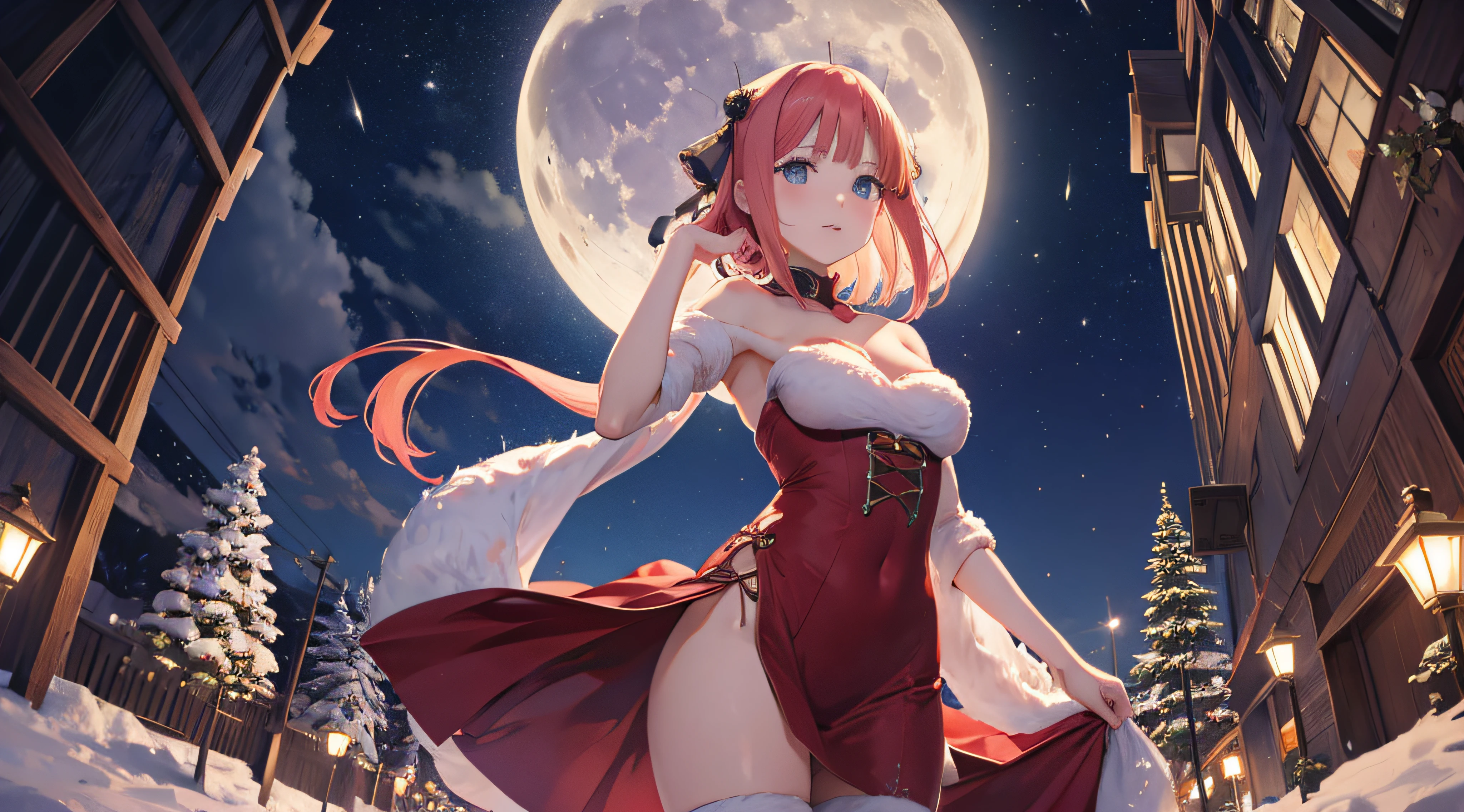 Nino Nakano,Pose sexy,vestido de navidad bajo la luna ,nieve