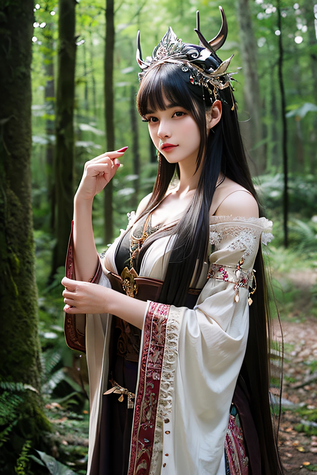 woman with a perfect face in a mythical forest, masterpiece, intricate details, raw photo, photo unp