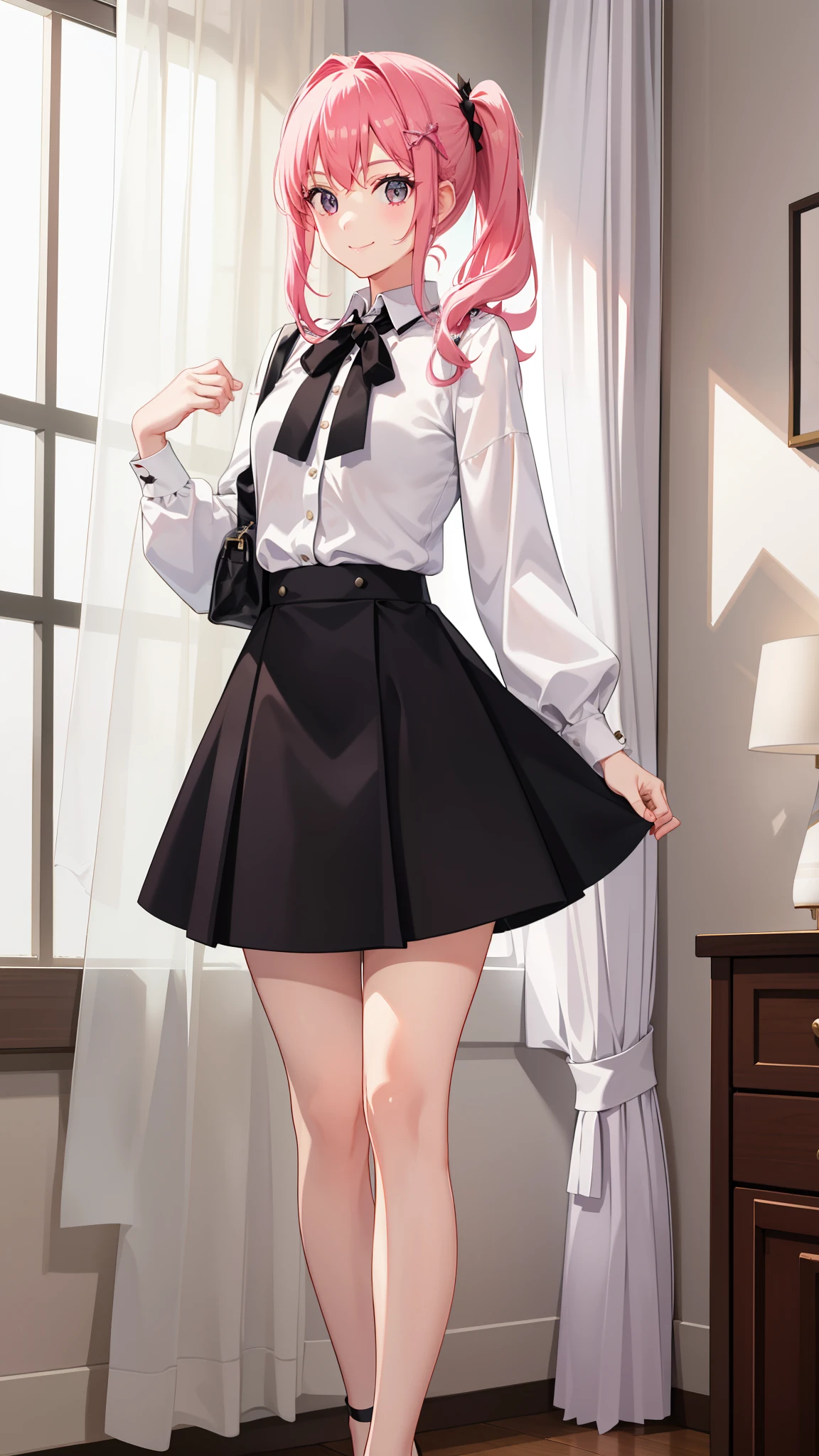 1girl in、virgin、imagem 4k、A smile、The shirt、Blouse、(paler)skirt by the、poneyTail、(small tits)Chilarism、movement、