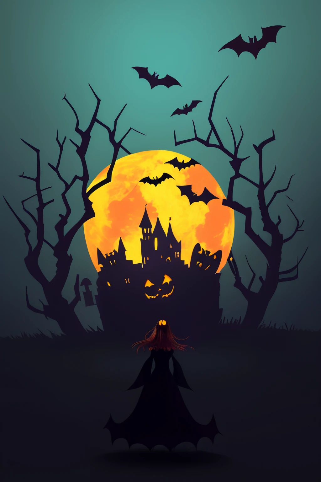 Halloween poster, pumpkins, bats, withered giant branches, red moon, ray tracing, stacked chests, castle, a beautiful girl is standing for treet in Halloween, realistic