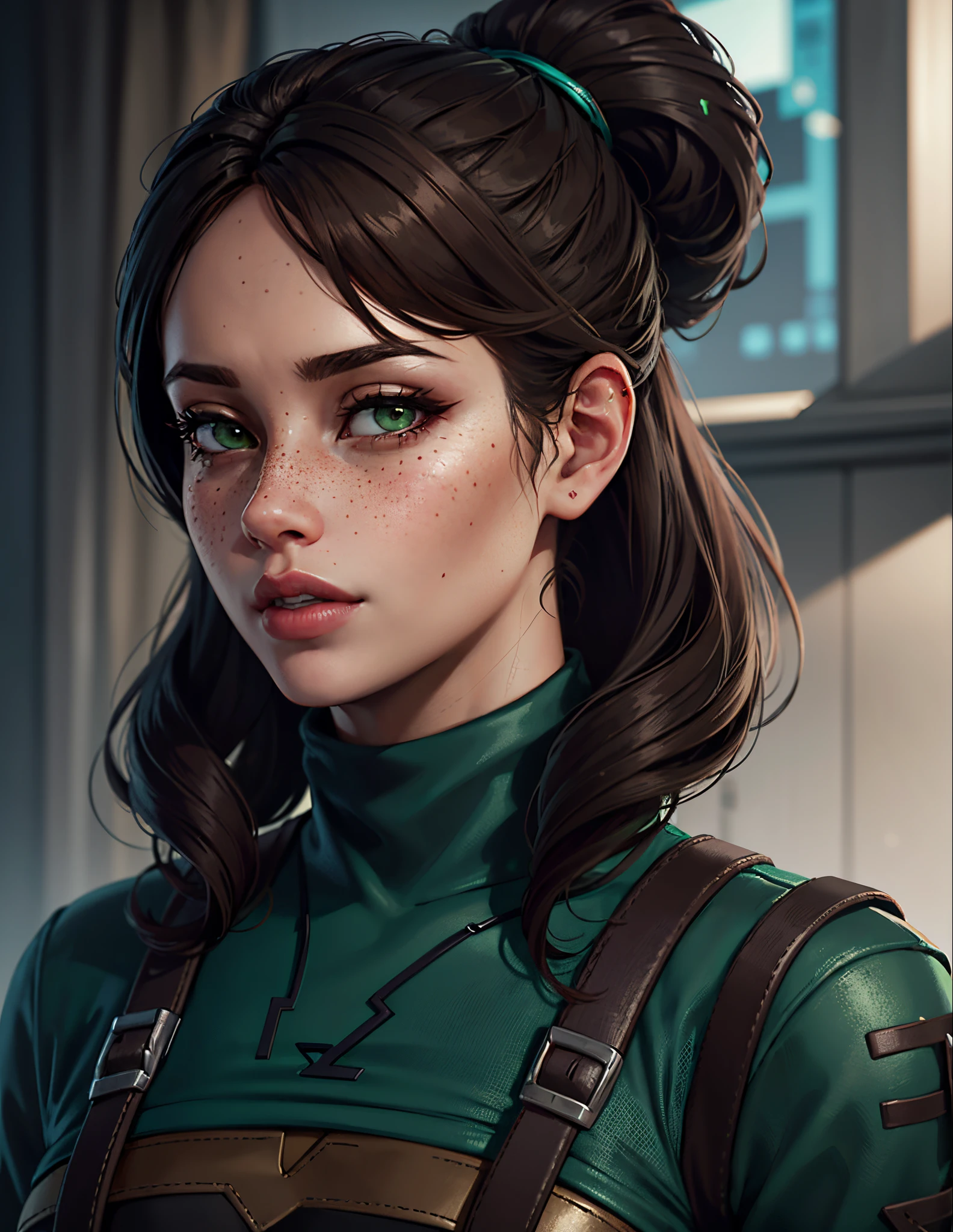 dark brown hair, dark green eyes, freckles, big lips, female Fortnite skin