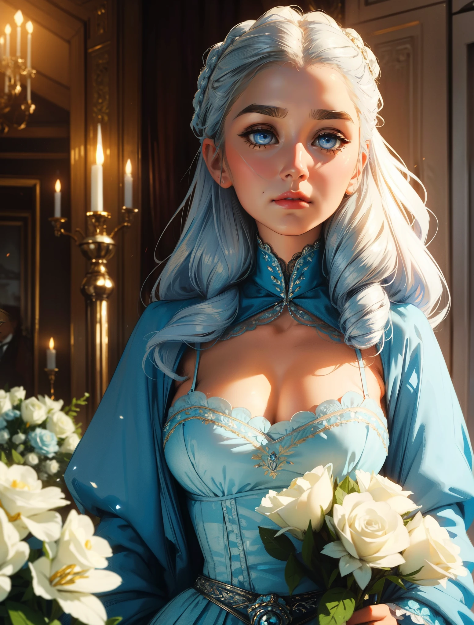 Russian Empire, Retro, Neon, flowers, 19th century, girl, dressed in a light blue silk dress of the 19th century with silver embroidery, delicate face, face similar to Daenerys, long white wavy hair, Stunning blue eyes, large breasts, aristocrat, Victorian style, Realistic face, 8K, HD
