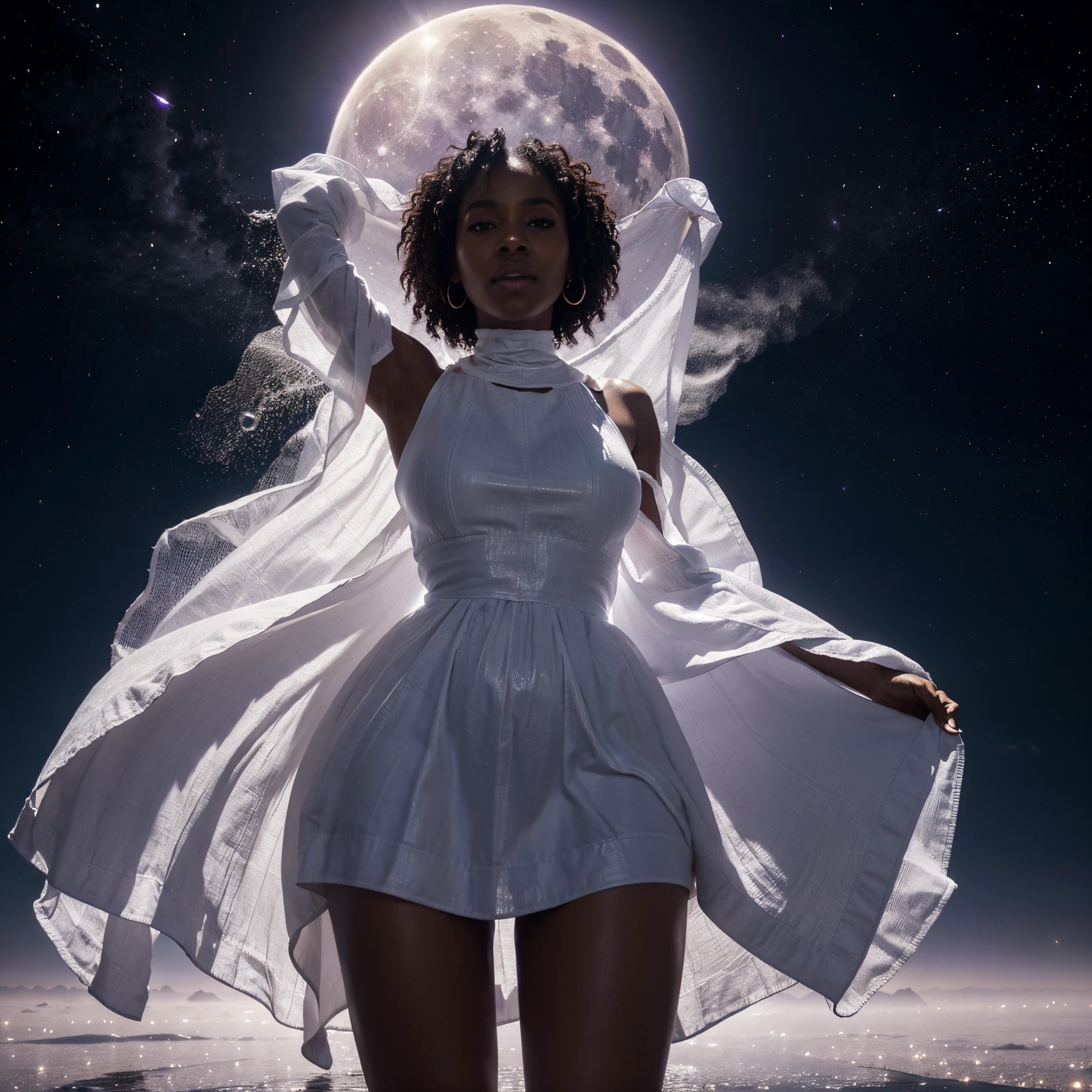 An African woman dressed in a leather African designed cloth, rising out of a white creamy liquid, covering her whole body as she rises out of the liquid, purple sky above her, white large full moon in the background, shining a white light giving a white and light purple cinematic look, surrealism art, 32k, ultra HD, unreal engine rendered, hyper-realistic image, cinematic lighting