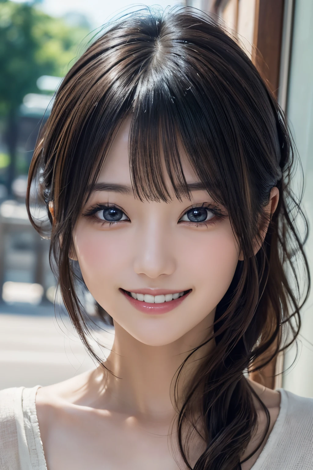 (A hyper-realistic) , (photographrealistic:1.4),(Increase the resolution), (8K), (ighly detailed), (beatiful detailed eyes), (best qualtiy), (ultra-detailliert), (​masterpiece), (wall-paper), (详细的脸), 独奏,1 rapariga, perfect beautiful japanese woman:1.4、25-years old、looking at the viewers, delicate detail, A detailed face, murky, deep-shadows, hair messy, asymmetrical bangs, (A smile:1.5),