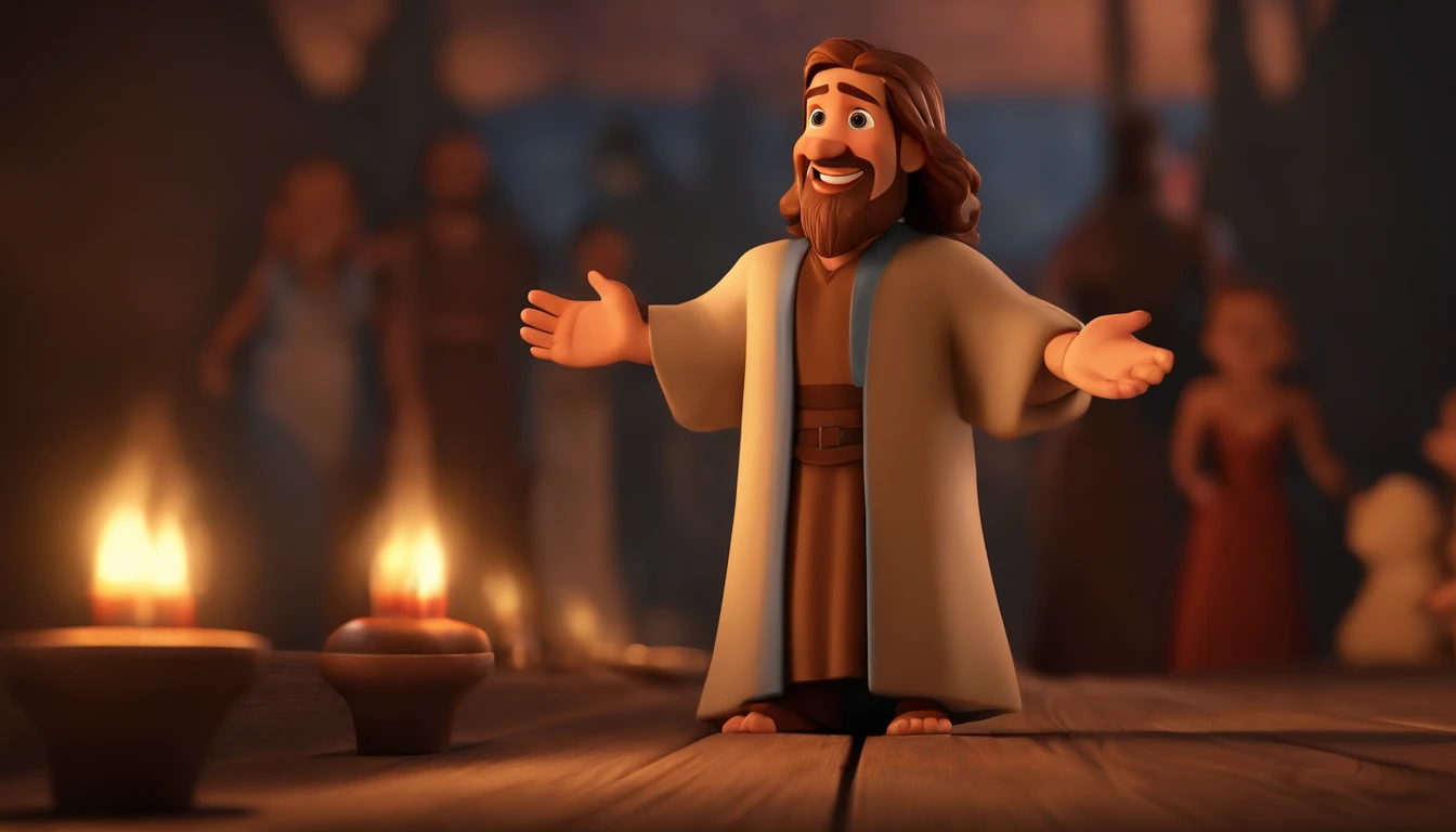 a cartoon jesus welcoming people into heaven animated film, 3 d animated movie, animated still, animated movie, inspired by Johannes Helgeson, jesus wasted at a party, animation film, animated film still, rendered in corona, epic illumination, 3 d animated, 3d animated, he is greeting you warmly Caractere estilizado, animation style rendering, 3D estilizado, Arnold Maya render, 3 d render stylized, toon render keyshot, Personagem 3D, Personagem 3D, 3d rendering stylized, 3 d character render, personagem de desenho animado, Personagem de close up, Pose de personagem,  (Estilo Pixar) (master part:1.2) (Bokeh) (best quality) (pele detalhada) (textura detalhada) (8k) (argila) (Cinematic lighting) (foco nítido