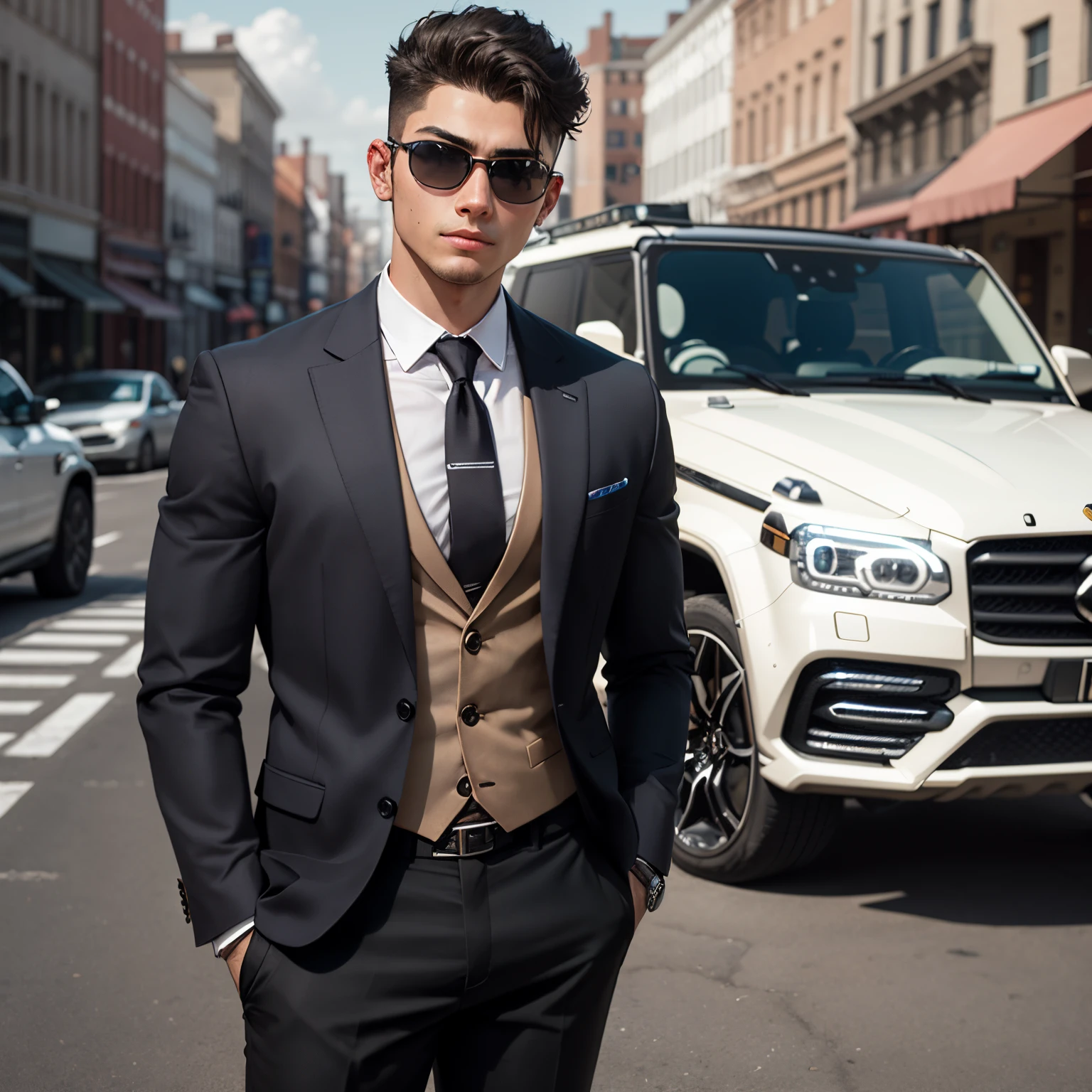 "Generate a realistic image of a boy standing beside a G-Wagon. The boy should be portrayed as healthy, wearing an all-black suit, a grey watch, and sunglasses, obscuring his face. Emphasize a round facial structure and limit the amount of hair on the top of his head to achieve a natural and lifelike outcome."