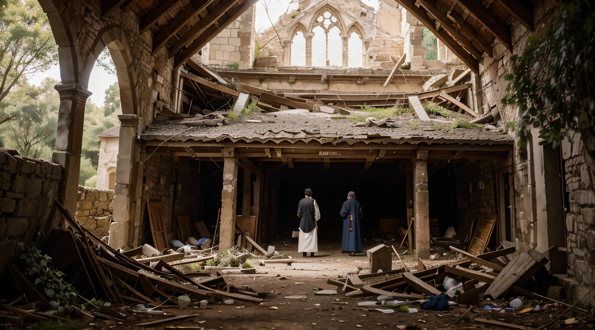 Create a vivid narrative based on the scenario where, as evening falls, he and his herd of sheep arrive at an ancient church with a collapsed roof, and a sizable sycamore tree has taken root in the space once occupied by the sacristy. let there be atleast 5 sheeps