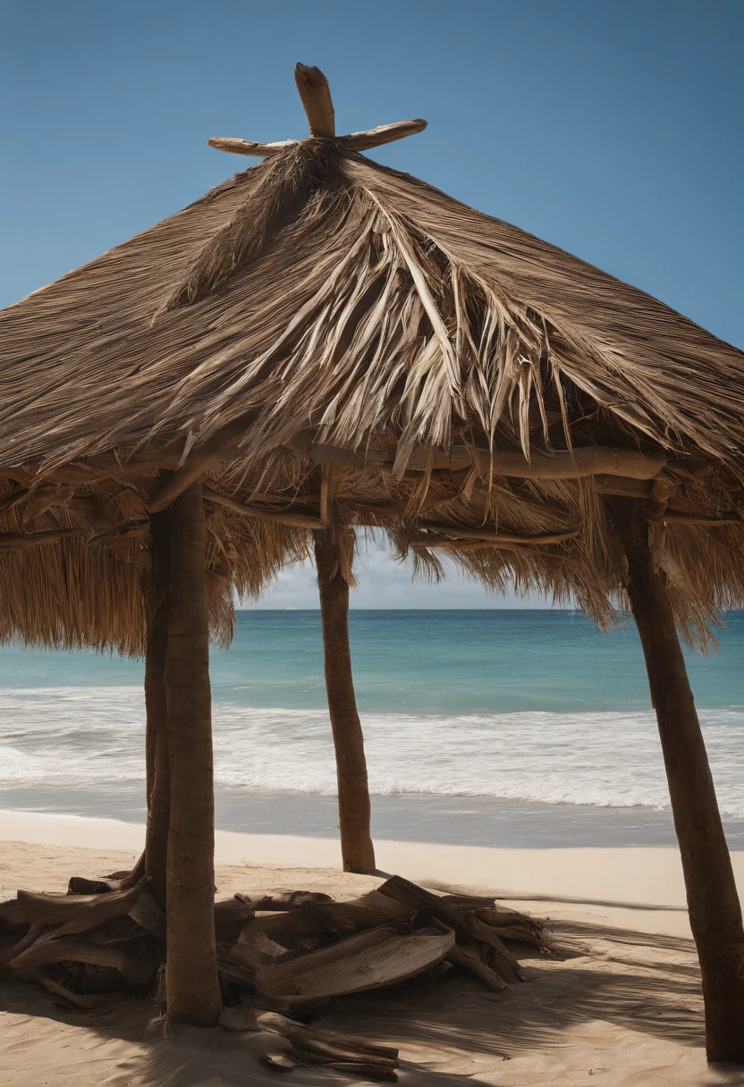 An overhead shot of a makeshift shelter constructed from palm fronds and driftwood on the beach,Cast Away (2000),Chuck Noland, portrayed by Tom Hanks in the film “Cast Away,” is currently stranded on a deserted island in the Pacific Ocean. Sunburnt and bearded, with long, unkempt hair, his physical condition reflects the harsh realities of island survival.