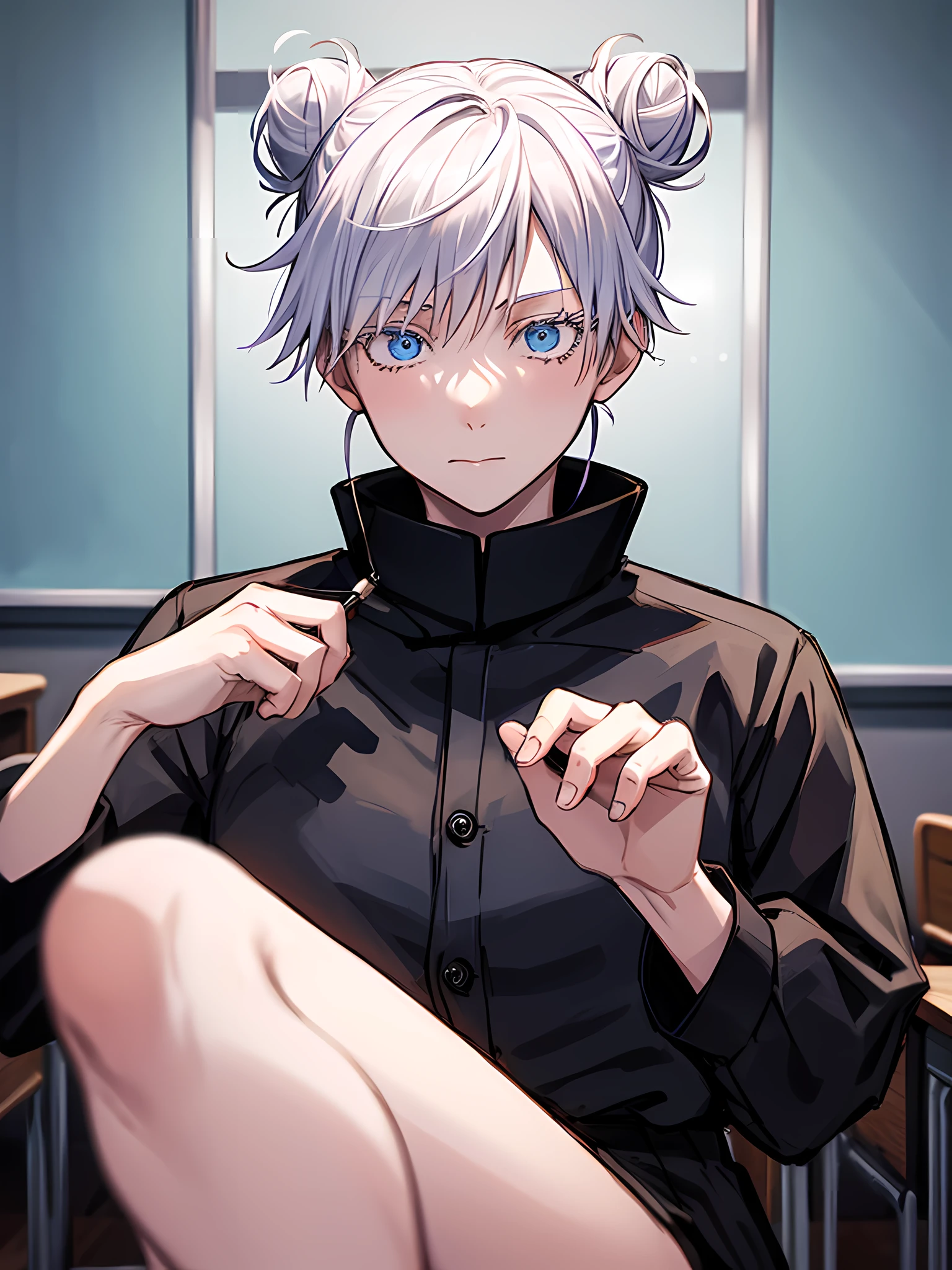 Woman, famale version, female, jujutsu kaisen, white hair, hair bun, white eyebrows, white eyelashes, light blue eyes, wearing black shirt, black clothing, classroom, high quality, 4k resolution, anime