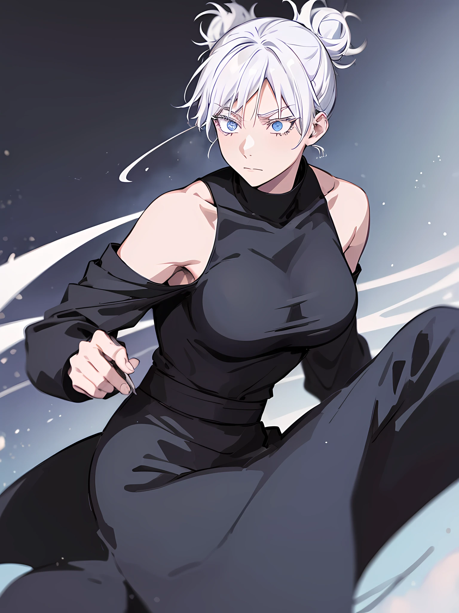 Woman, famale version, female, jujutsu kaisen, white hair, hair bun, white eyebrows, white eyelashes, light blue eyes, wearing black shirt, black clothing, classroom, high quality, 4k resolution, anime