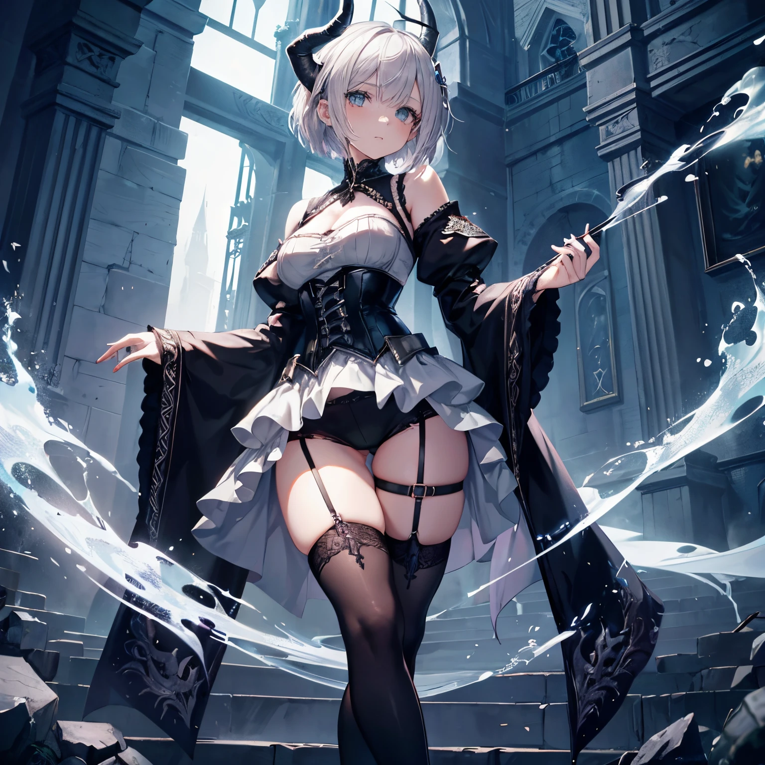 one-girl，Alone，A high resolution, dungeons and dragons，rpg game style，beautiful dragon queen，silver bob short hair，french braid，Wearing a gothic corset，Gothic lingerie，High fork，Below are white tights，Willow waist，hip is cocked，a slender waist，Beautiful buttocks，Dragon's Horn，Silver white delicate sleeves，Silver iron boots