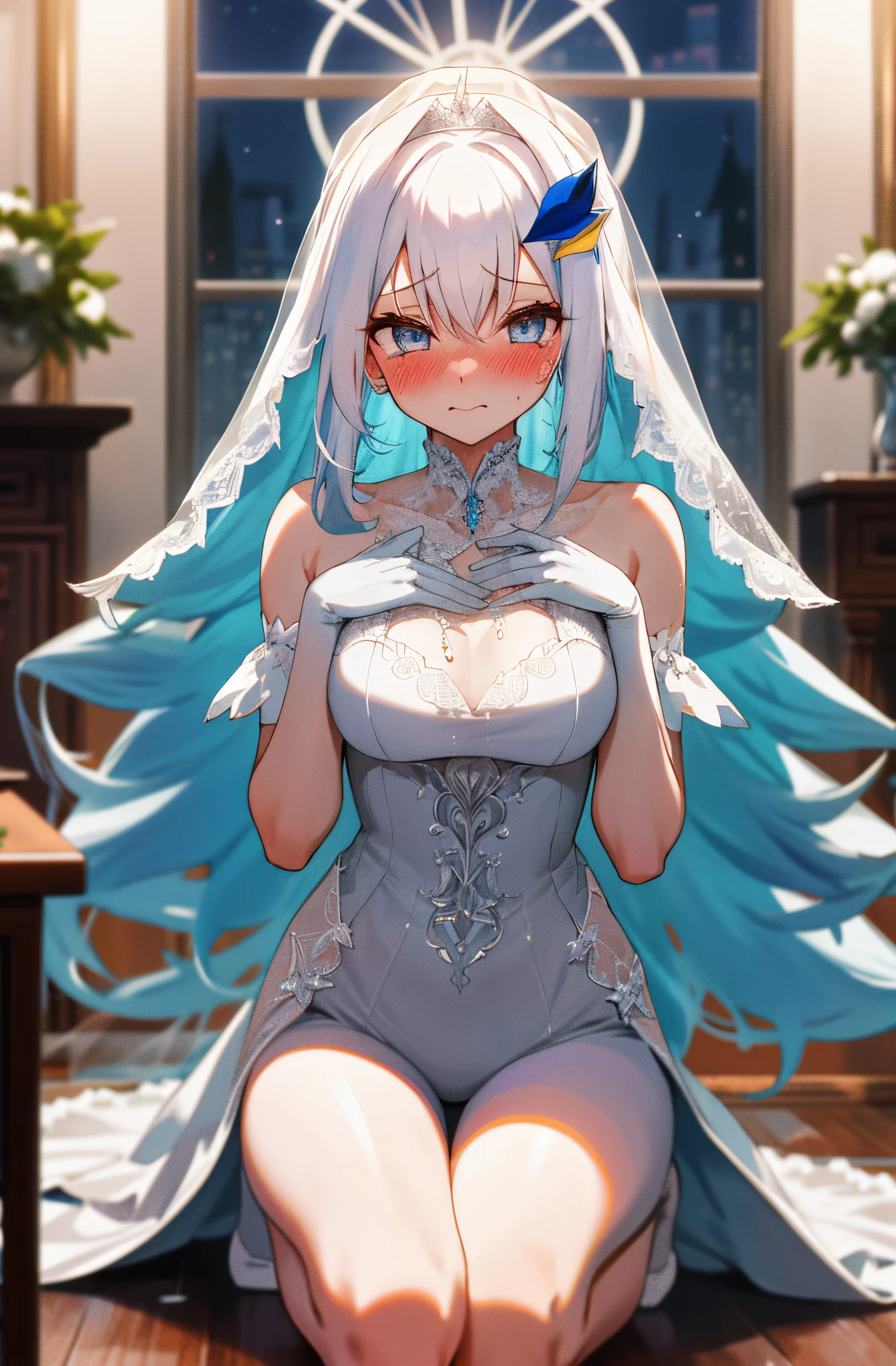 One girl with long curly hair, white hair, blue inner hair, looking at viewer, blushing, embarrassed, tears, indoor, living room, wedding dress, bridal veil, lace gloves, dizzy, mid-chest, perfect waist, spread legs, night atmosphere, hair ornament, kneeling pose