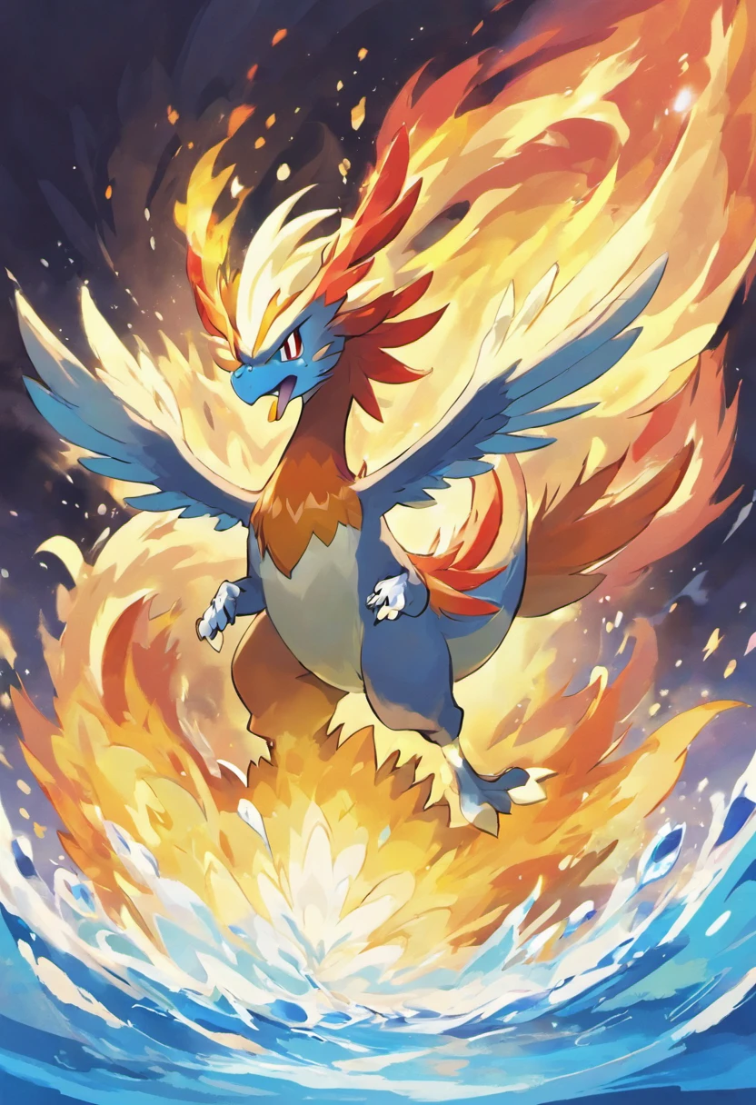 Water Pokémon,Combination of Kirin and Phoenix,Background volcano,ferocious,righteous,gold and silver,k hd,high qulity