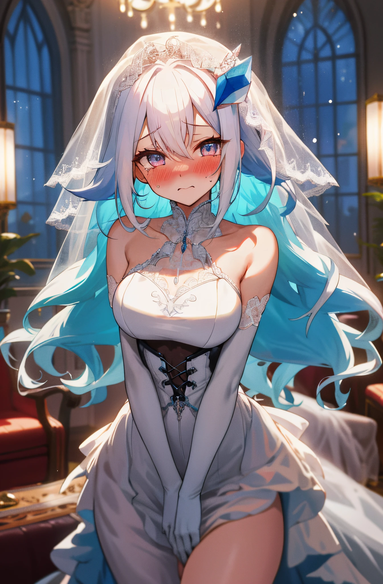 prinz eugen \(warship girls r\),1girl,solo,(8k, masterpiece:1.2),highly detailed,ultra-detailed,masterclass,hair_between_eyes,braid,perfect lighting,medium breasts,hair ornament,(detailed facial features),full body,long_hair,blush,feathers hair ornament,(dark blue wedding dress:1.2) night,windows,indoors,light,indoors,carpet,illustration,cowboy shot,masterpiece,best quality,(MediumBlue evening dress:1.2),blue long hair(delicate hair),red eyes(delicate eyes),