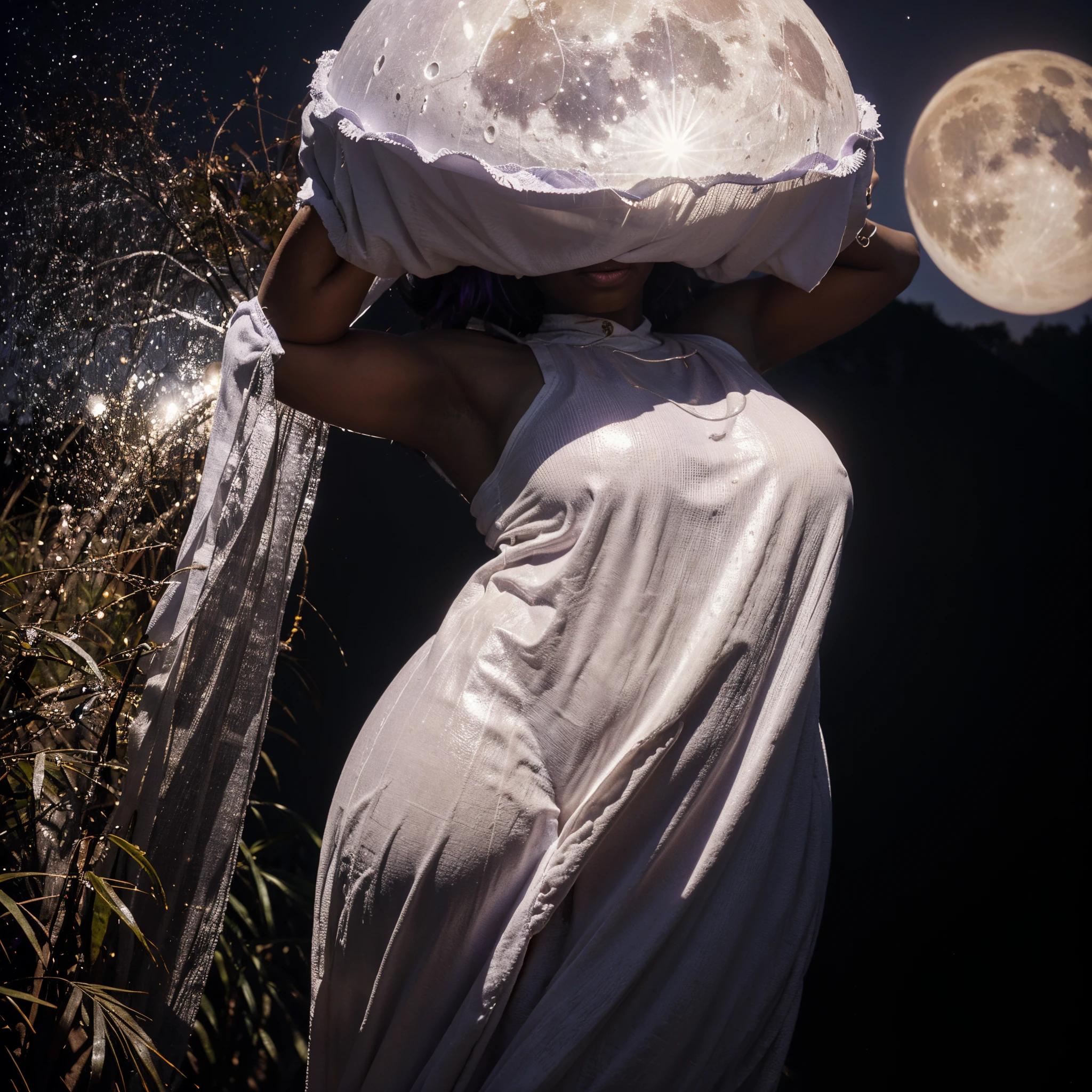 An African woman dressed in a leather African designed cloth, rising out of a white creamy liquid, covering her whole body as she rises out of the liquid, purple sky above her, white large full moon in the background, shining a white light giving a white and light purple cinematic look, surrealism art, 32k, ultra HD, unreal engine rendered, hyper-realistic image, cinematic lighting