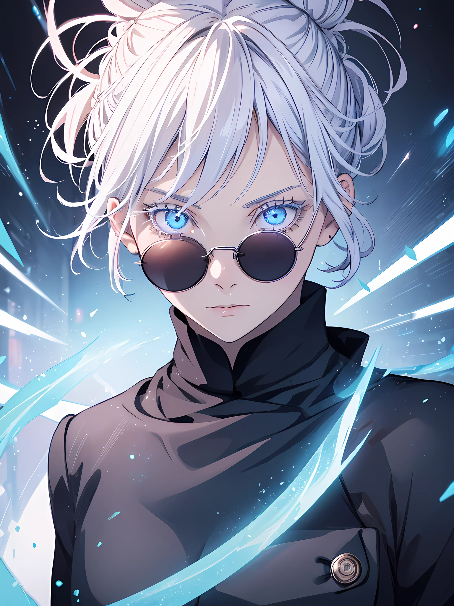 Woman, female version, feminine face, white hair, bun hair, white eyebrows, white eyelash, white eyelashes, detailed eyes, glowing eyes, light blue eye, galaxy eyes, wearing round sunglasses, wearing black shirt, black clothing, in school, classroom background, high quality, 4k resolution