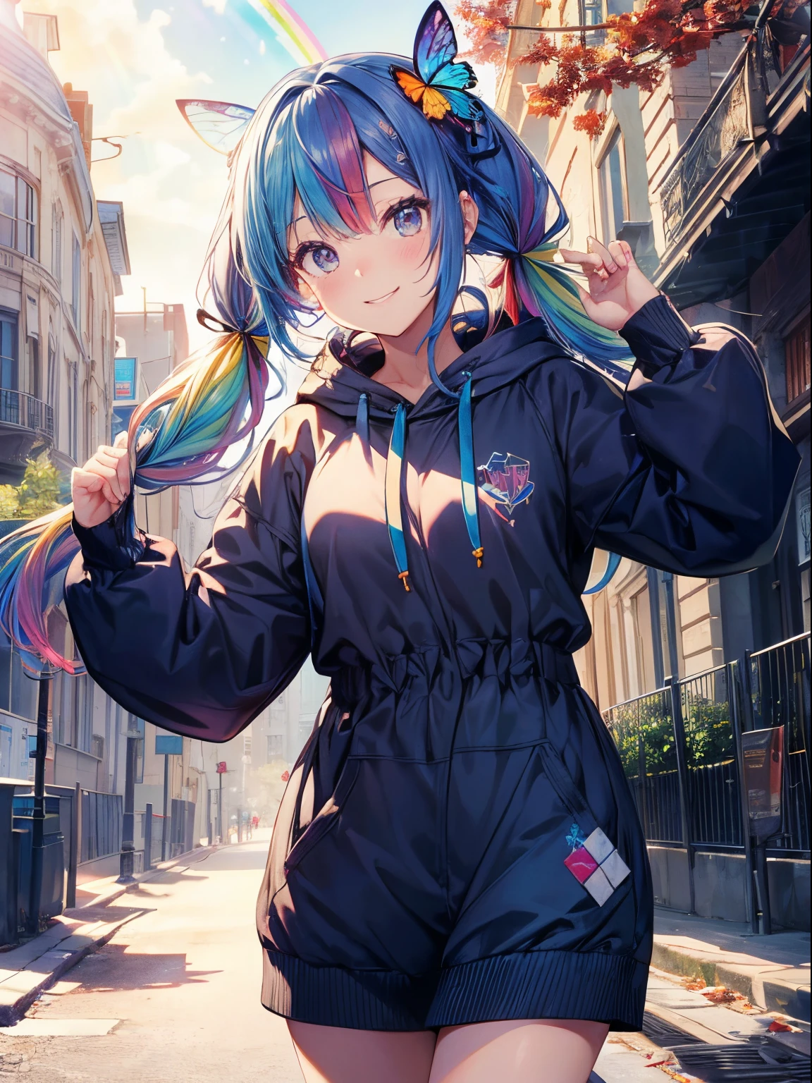 hair is hidden by the hood、put a hood on one's head、Butterfly Fairy、Metamorphosis、Bouquet of blue roses（The gesture of presenting a bouquet、Holding a bouquet of flowers in your hands）、Morning park、adventurer、adventure、daggers、(masutepiece:1.3), (8K, Photorealistic, Raw photo, Best Quality: 1.4), Beautiful face, (Realistic face), Beautiful detailed eyes, (Realistic skin), Attractive, Intricate details,Golden ratio,  1 girl,Naughty smile, the hair is under the hoodie、(rainbow hair:1.4),((Long twintails,Ribbon 1.4)),Blue athletic wear,(Blue Butterfly Hair Ornament 1.3),parka,Dynamic Pose,Dynamic Angle,Intricate details, Hyper realistic、A smile、Smiling、Face enhancement、marason、Autumn Park、the morning sun、Luz Divina、Deities、Heaven、rainbows