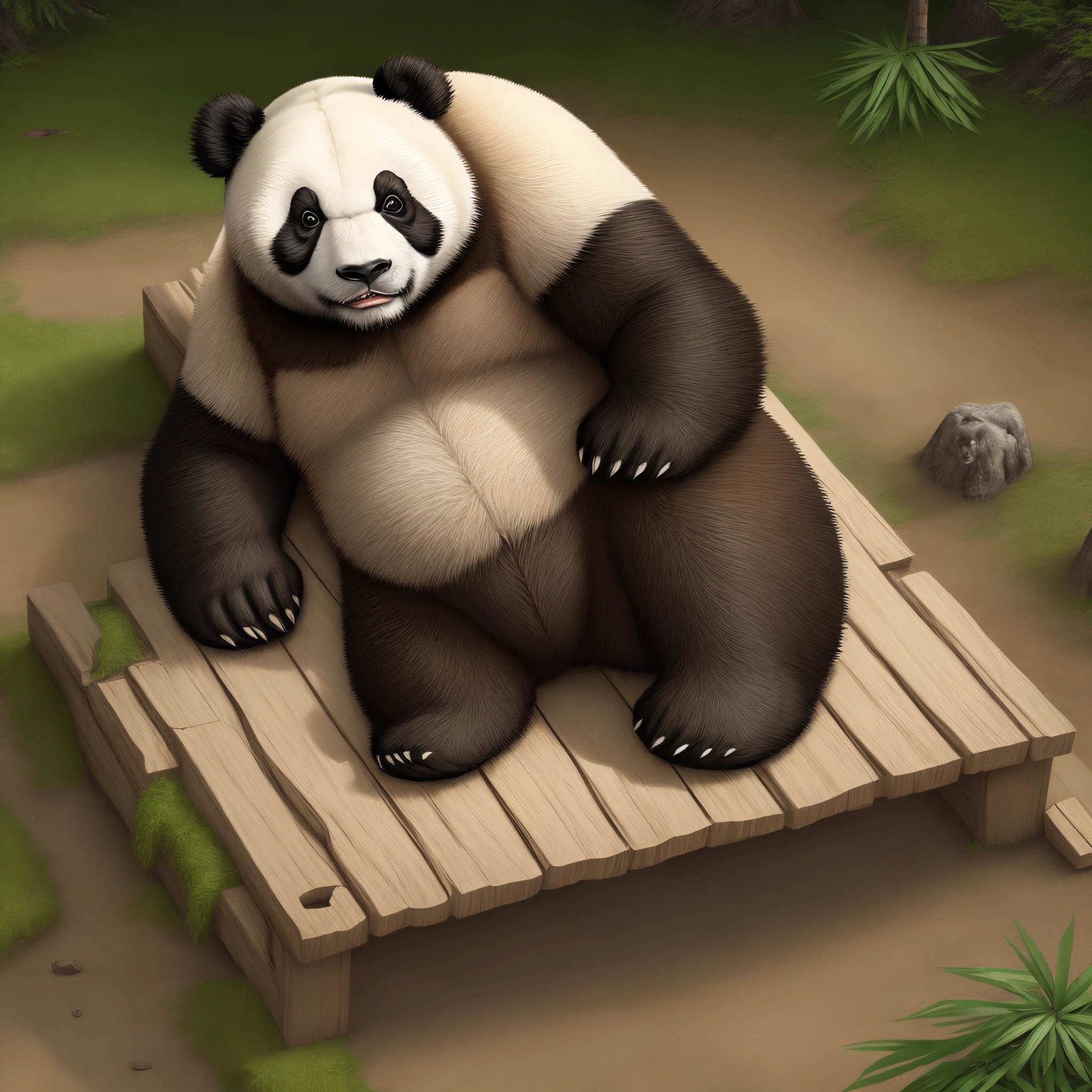 3D renderings、adult male、male、SOLO、World of Warcraft male pandaren、Stormstout Chen、full body pictures、fat、muscle、Delicate face、Delicate eyes、Delicate soles、Delicate soles、lifelike、masterpiece、Highest quality、Unreal Engine、Intricate and detailed、high detail、realism、lifelike、sitting position、hairy、Expressiveness、dad bod、fat soles、wild in the forest，leaning against tree，lift your right foot、The sole of your right foot faces the audience、The bottom of the sole of the foot is covered with sticky honey、Feet covered with honey、The skin on the soles of the feet is stained with honey