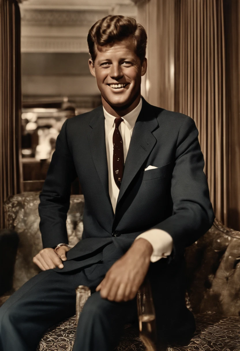 A photo of Kennedy enjoying a night out at a jazz club,original,John F. Kennedy, the 35th President of the United States, was renowned for his handsome, charismatic appearance, with his wavy hair, engaging smile, and a sense of style that exuded confidence and charm. His tailored suits and poised demeanor contributed to a public image of youthful vigor and sophistication.
