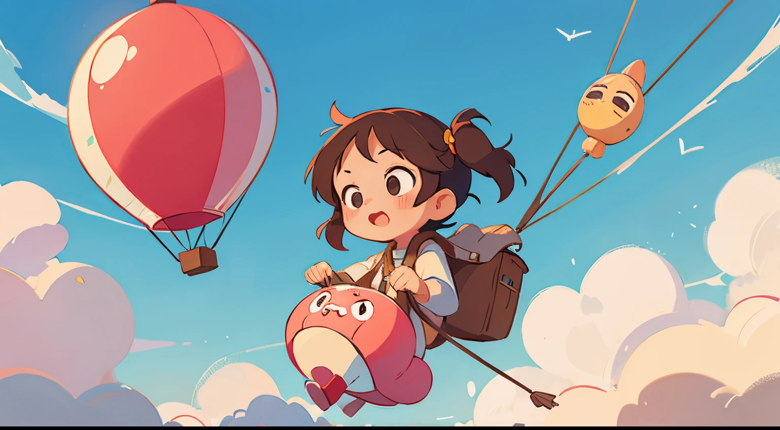 Draw a picture of a cute little girl flying in the sky on a balloon.