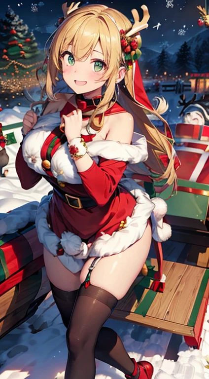 A sliver blond girl with blue eyes and in a tight Santa dress with Christmas hat on Under a mistletoe