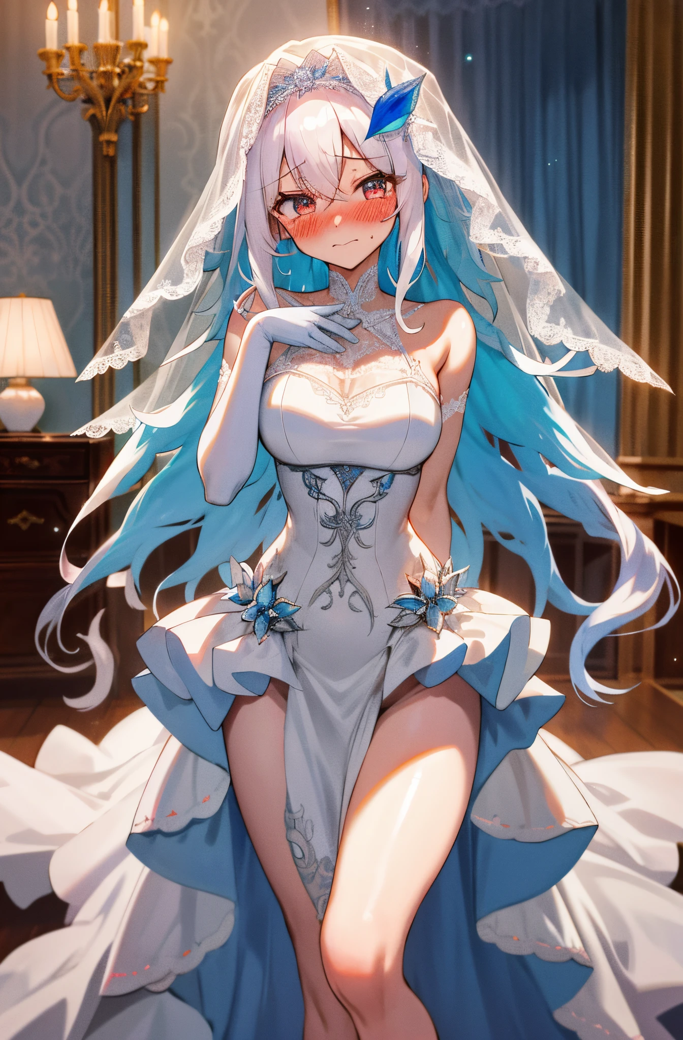 (ultra-detailed CG unity 8k wallpapers, art station trends, digital art, delicate and beautiful multicolored hair, expressive hair girl, crystal clear white stockings, cute wedding dress, art germ perfect style, very beautiful feminine goddess of anime, The latest animated female character at Gwaits' Art Station, packed with artistic elements)