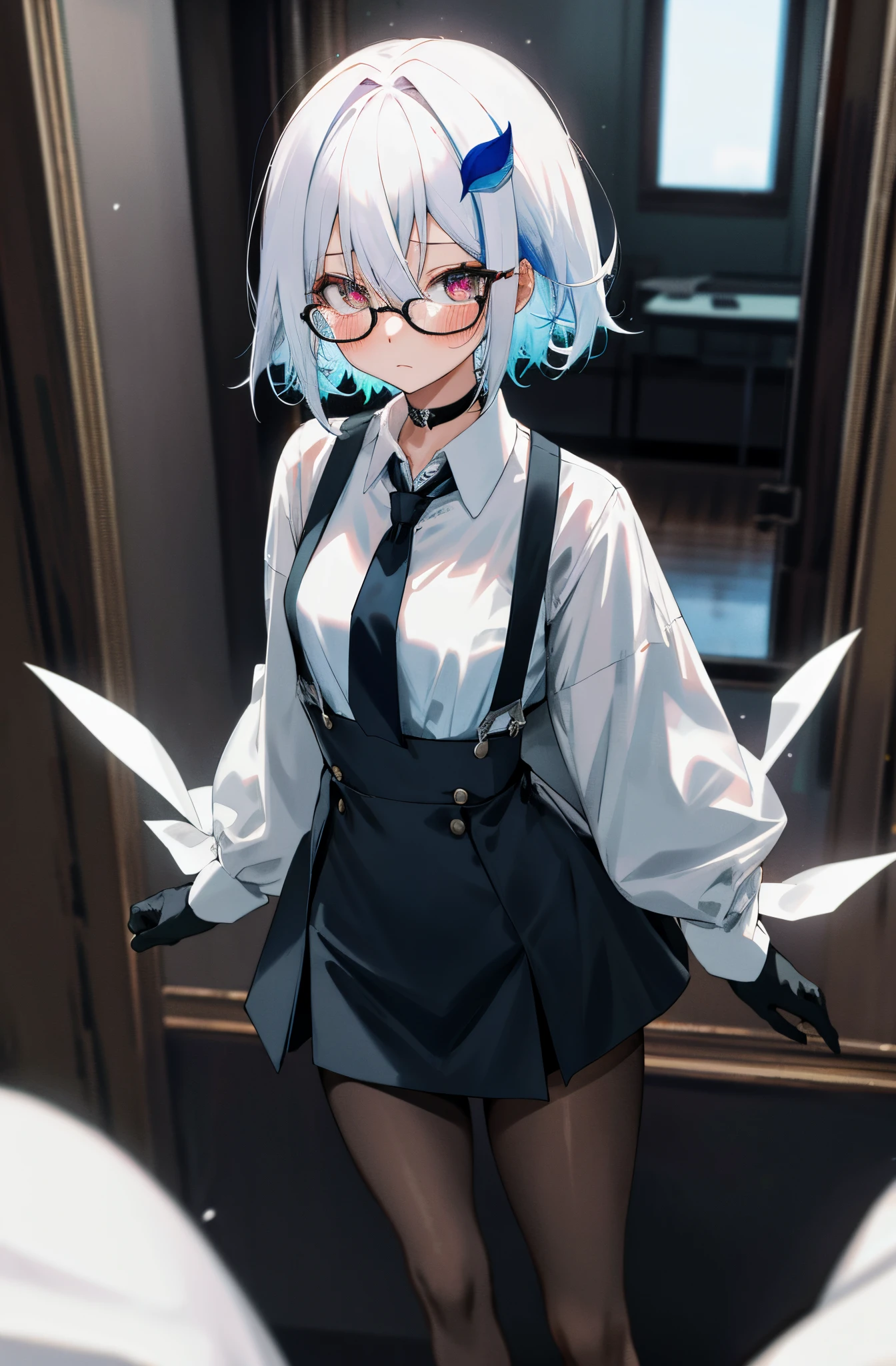 One girl with short messy hair, hair between eyes, white hair, blue inner hair, looking at viewer, blushing, expressionless, ringed eyes, indoor, living room, suit, black suspenders, white shirts, black necktie, mini skirt, office lady, thigh, slim, dizzy, choker, mid-chest, wide hips, perfect waist, spread legs, night atmosphere, hair ornament, standing, black gloves, glasses, pantyhose,
