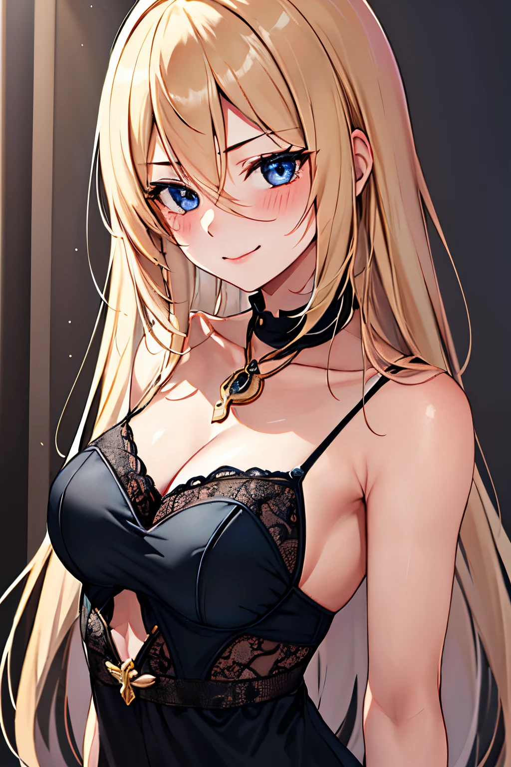 masterpiece, best quality, highres, long hair, 1girl, solo, bismarck, a woman wearing black dress, medal on left shoulder, white glove, sexy pose, blush, little smile, bangs, hair_between_eyes, blue eyes, blond hair,