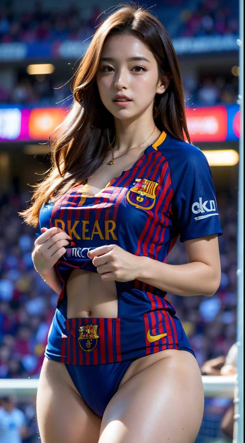 A beautiful girl wearing Fc Barcelona jersey with soccer ball in hand,cutecore, beautiful eyes, thick thighs, gorgeous body,sexy, curvy,4k, ultra detailed