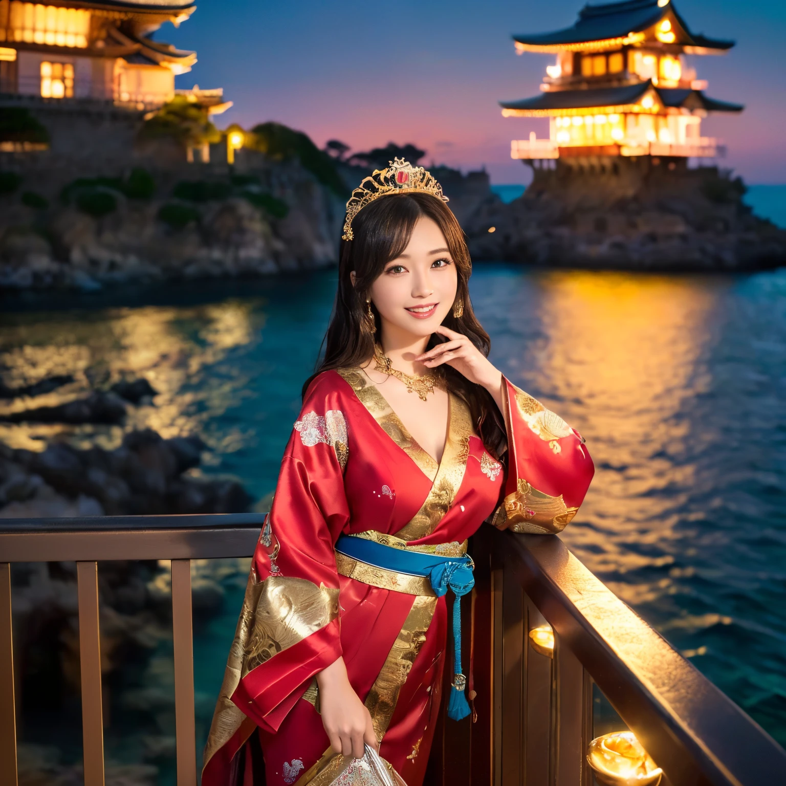 ((top-quality、masutepiece、8K、Top image quality、Highly complex and detailed depictions))、((Princess、slender and large breasts、photo of her from the waist up、Courtesan furisode that shines like a jewel、Huge and luxurious long-sleeved kimono、Huge red and gold kimono、huge long kimono、Red and gold jewel-like long-sleeved kimono、The furisode is a glittering red and gold gradation...、Furisode with very intricate decoration、The finest courtesan furisode、A big smile staring at the camera、look at me with the happiest smile、Shot close to the face))、((Shining midnight sea、She's on the balcony of a castle by the sea、Japanese castle balcony、Shining sea at night、Japanese castle balcony at night、Niwa lacquered red and gold balcony、Japanese style balcony、the most luxurious decoration、Very intricate and detailed Japanese castle、An incredibly luxurious and glittering castle、intricately decorated transom、Japanese style castle、Detailed and luxurious Japanese style castle balcony、Beautiful Niwa lacquered pillars、Niwa lacquered Japanese castle balcony、luxury tile roof、Gold decoration of Niwa-nuri castle、Luxurious Japanese castle in red and gold、Castle lit up、castle that glows in the dark、Gaze out at the night sea from a luxurious Japanese-style balcony、Luxurious royal balcony by the sea、the most detailed and complex ocean、Sparkling water surface、beautiful ocean))、((nigh sky、Midnight、Pitch black night、Full Night、the ocean at night、starrysky、Beautiful starry sky、Meteor swarm、shooting stars))、((Colossal, Intricate and sparkling necklace、The finest giant tiara、rainbow))、((Princess Costume、Costume with plenty of high-quality jewelry、intricate giant necklace、The whole body is decorated with fine jewelry、Iridescent decoration))、((Fantastic sea、The sea sparkles like a jewel、Detailed sea,、Fine shine、Glittering Sea、Sparkling water surface))、(Detailed ocean depiction、The most realistic and complex backgrounds、Complex and detailed background))