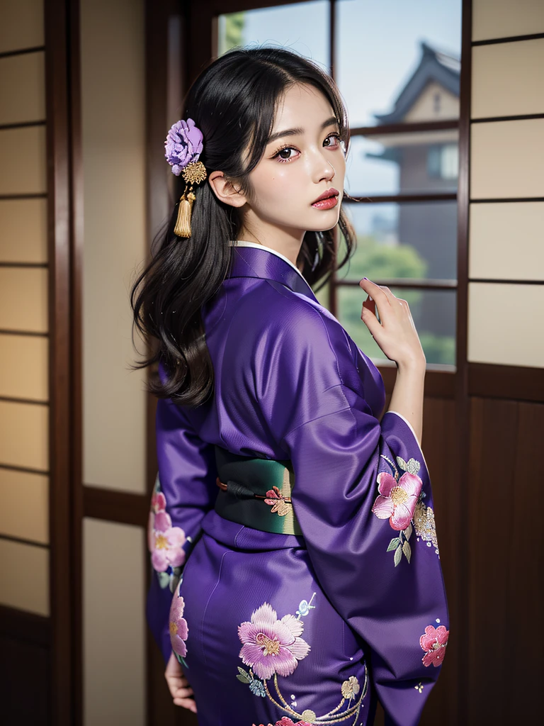 (Beautiful model in Japanese kimono commercial, beautiful straight long black hair), solo, ((face is 80% beauty and elegance, 20% pretty and cute:1.5)), clear eyes, (detailed eyes, light green eyes, bright pupils), Double Eyelids, (sexy lips with a little thickness:1.2), ((super detailed and incredibly high resolution Deep-purple Kimono:1.2)), Highly Detailed Face Texture, striking body shape, curvy and very attractive woman, high-resolution RAW color photo pro photo, BREAK ultra high-resolution textures, High-res body rendering, big eyes, unparalleled masterpiece, incredible high resolution, super detailed, stunning ceramic skin, BREAK ((Facing back to show the pattern of the Kimono:1.5)), ((Wearing a Yohen-Tenmoku kimono that uses a lot of glittering Deep-purple:1.5)), ((The main color is Deep-purple and the Yohen-Tenmoku Kimono has very colorful embroidery:1.2)), (Half-collar and Obi are White) ,(elaborately made classical Japanese Yohen-Tenmoku Kimono), ((The embroidery pattern is a Yohen Tenmoku pattern reminiscent of outer space):1.2), ((elaborately and elegantly decorated Deep-purple Kimono)), (Taken in front of a round fusuma window in a Japanese-style room)) BREAK ((Best Quality, 8k)), Crisp Focus:1.2, (Layer Cut, Big:1.2), (Beautiful Woman with Perfect Figure:1.4), (Beautiful and elegant rear view:1.3), Slender waist, (Correct hand shape:1.5), (Full body shot | cowboy shot)