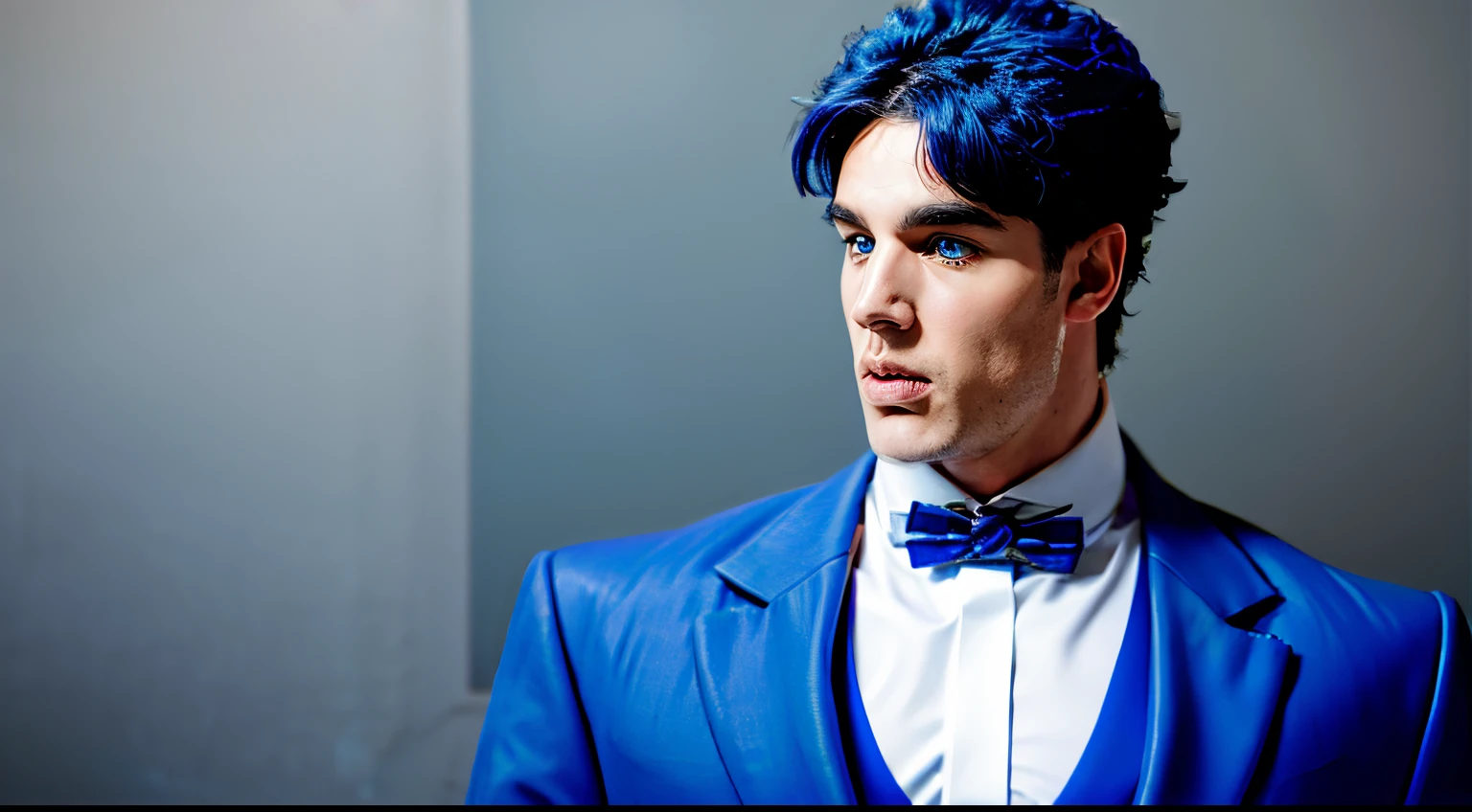 jonathanjojo, detailed eyes, detailed face, solo, upper body, 1boy, blue eyes, blue suit, blue hair