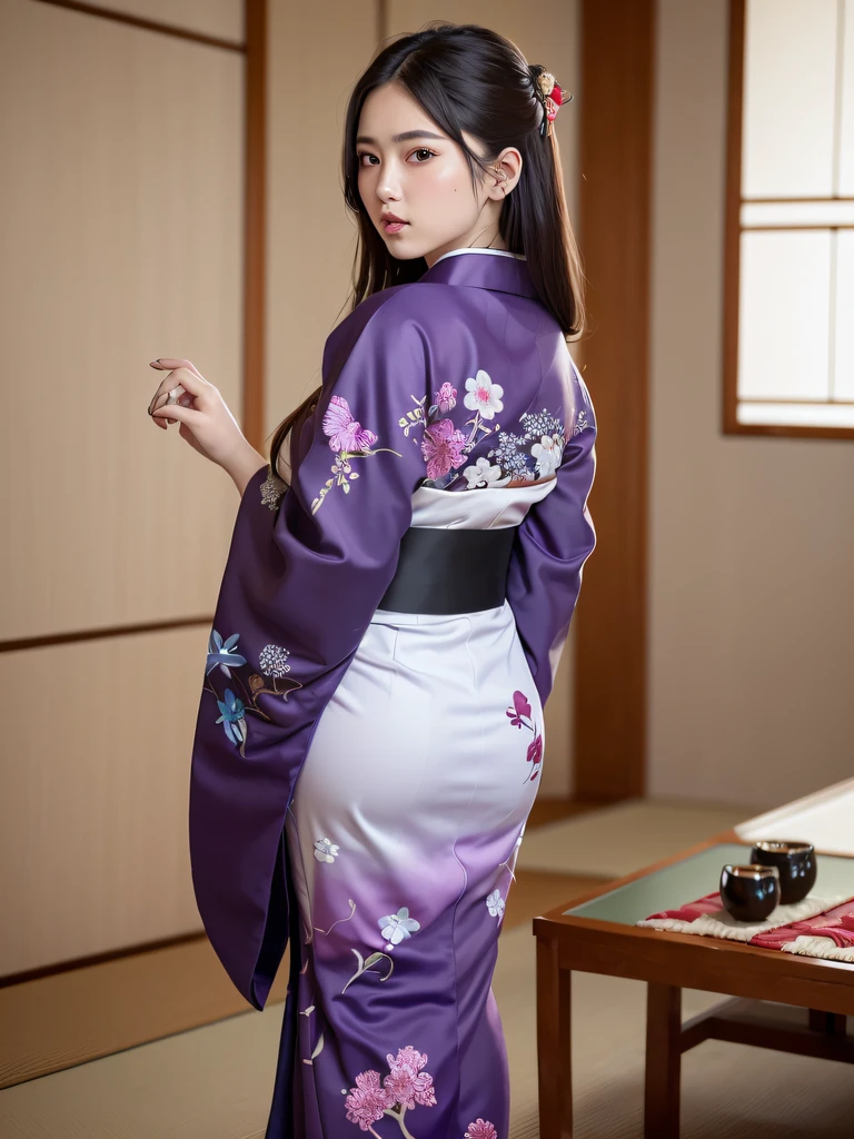 (Beautiful model in Japanese kimono commercial, beautiful straight long black hair), solo, ((face is 80% beauty and elegance, 20% pretty and cute:1.5)), clear eyes, (detailed eyes, light green eyes, bright pupils), Double Eyelids, (sexy lips with a little thickness:1.2), ((super detailed and incredibly high resolution Deep-purple Kimono:1.2)), Highly Detailed Face Texture, striking body shape, curvy and very attractive woman, high-resolution RAW color photo pro photo, BREAK ultra high-resolution textures, High-res body rendering, big eyes, unparalleled masterpiece, incredible high resolution, super detailed, stunning ceramic skin, BREAK ((Facing back to show the pattern of the Kimono:1.5)), ((Wearing a Yohen-Tenmoku kimono that uses a lot of glittering Deep-purple:1.5)), ((The main color is Deep-purple and the Yohen-Tenmoku Kimono has very colorful embroidery:1.2)), (Half-collar and Obi are White) ,(elaborately made classical Japanese Yohen-Tenmoku Kimono), ((The embroidery pattern is a Yohen Tenmoku pattern reminiscent of outer space):1.2), ((elaborately and elegantly decorated Deep-purple Kimono)), (Taken in front of a round fusuma window in a Japanese-style room)) BREAK ((Best Quality, 8k)), Crisp Focus:1.2, (Layer Cut, Big:1.2), (Beautiful Woman with Perfect Figure:1.4), (Beautiful and elegant rear view:1.3), Slender waist, (Correct hand shape:1.5), (Full body shot | cowboy shot)