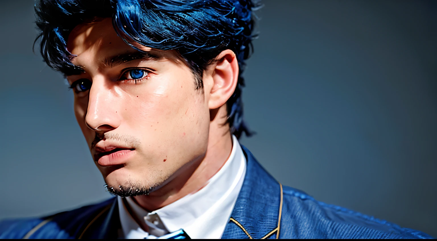 18 years old, solo, 1boy, (jonathanjojo with perfect face, pretty eyes, perfect hands), wearing (vest) and necktie, cute, young, (male focus),detailed blue hair, skin, [perfect body], ((detailed facial features)), cinematic lighting , digital art upper body, classic, ascot, cute , simplistic, ((blue eyes))