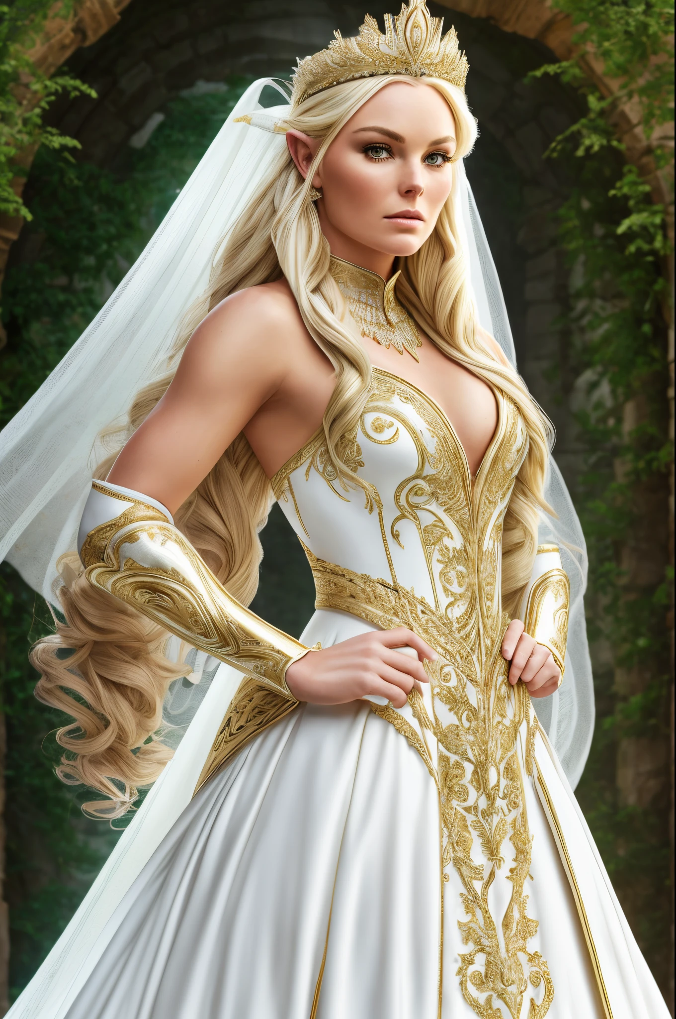 LINDSEY VONN, FEMALE ELVE, 20 YEARS OLD , LONG WHITE DRESS, GOLD TIARA, GOLD DETAILS, GOLD GAUNTLETS, HORSE, HUGE LONG HAIR, BLOND HAIR, PALE SKIN, ELVE EARS, MITHOLOGY, SUN, RIVER,FORREST, ROMANTISM, MAGIC, POWERS, HIGH DETAILED IMAGE, MASTER PIECE OF ART