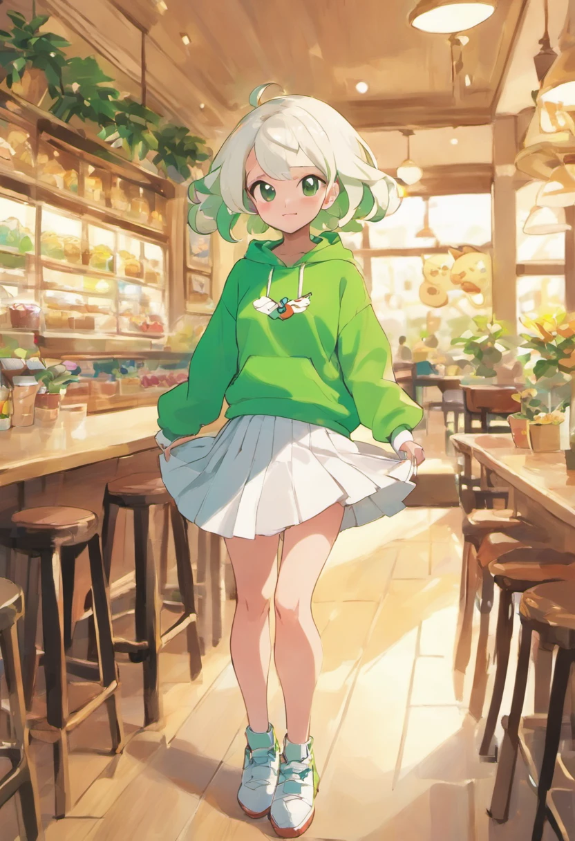 Pokémon: Ye Yibu is wearing a white skirt, A green sweatshirt,femminine,In the café