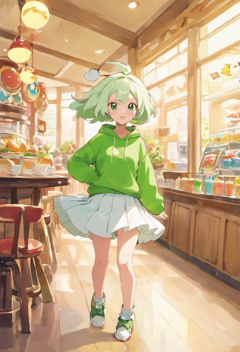 Pokémon: Ye Yibu is wearing a white skirt, A green sweatshirt,femminine,In the café