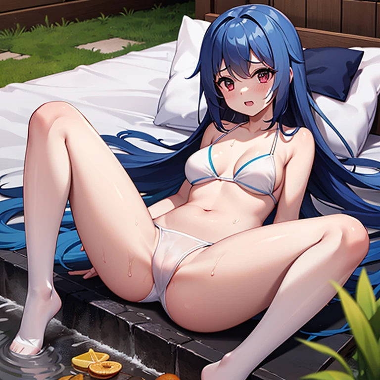 Best quality,one-girl,White bed,soaking wet,Drenched,blackstockings,funk,Embarrassing,A white bikini,spread their legs,seductiv,Hand legs